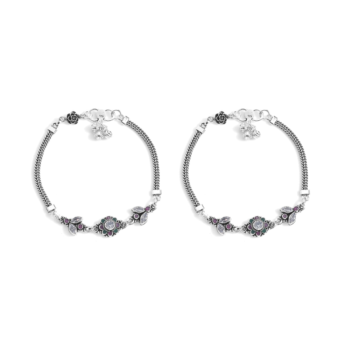 Silver Cut Stone Flower Bouquet Anklet( Pair)