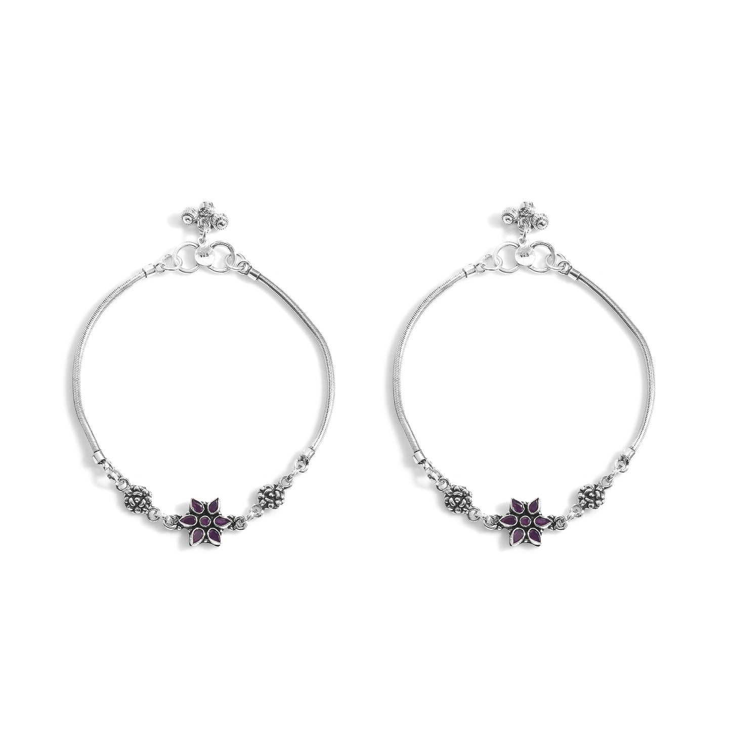 Silver Daisy Flower Cut Stone Anklet( Pair)