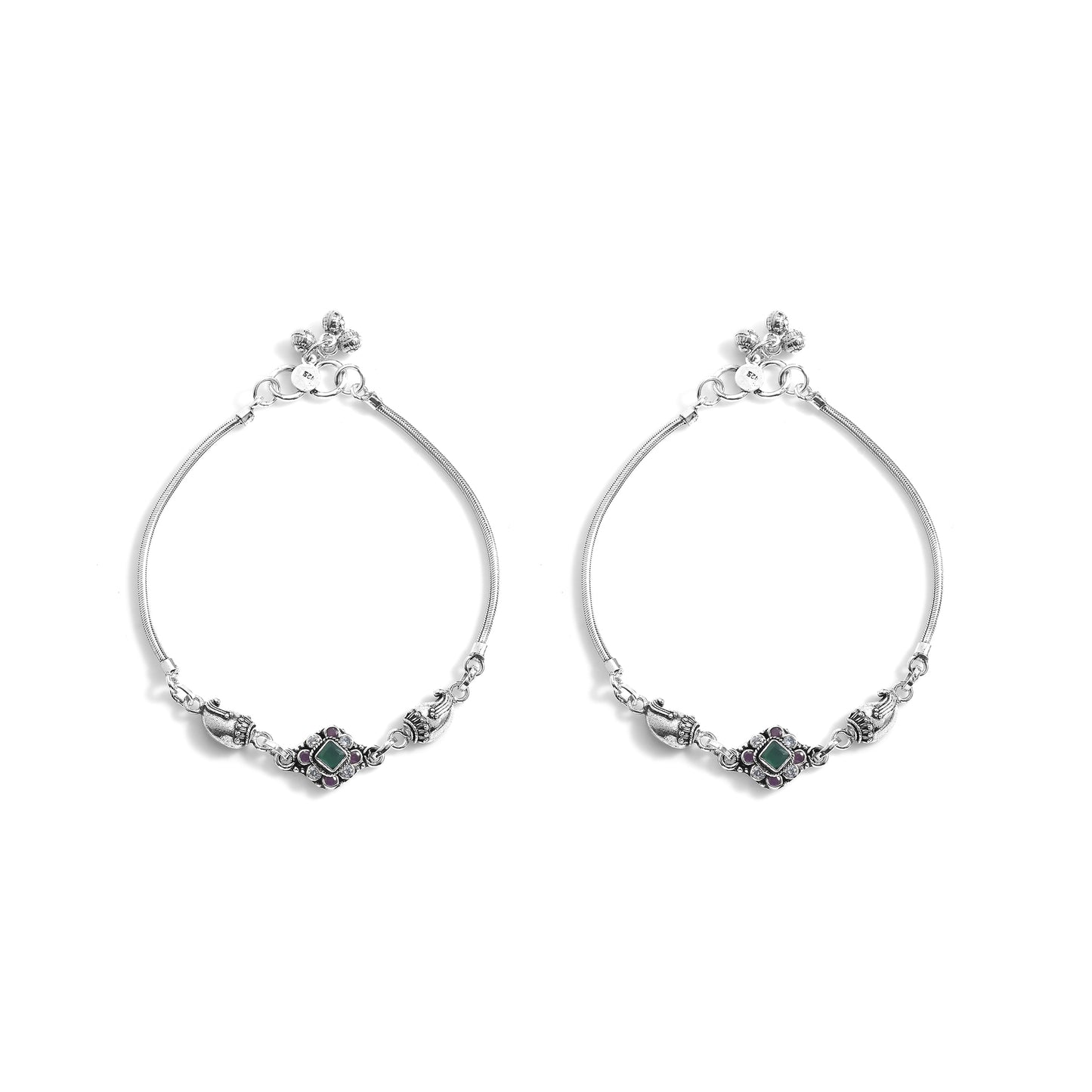 Silver Tribal Phool Cut Stone Anklet( Pair)