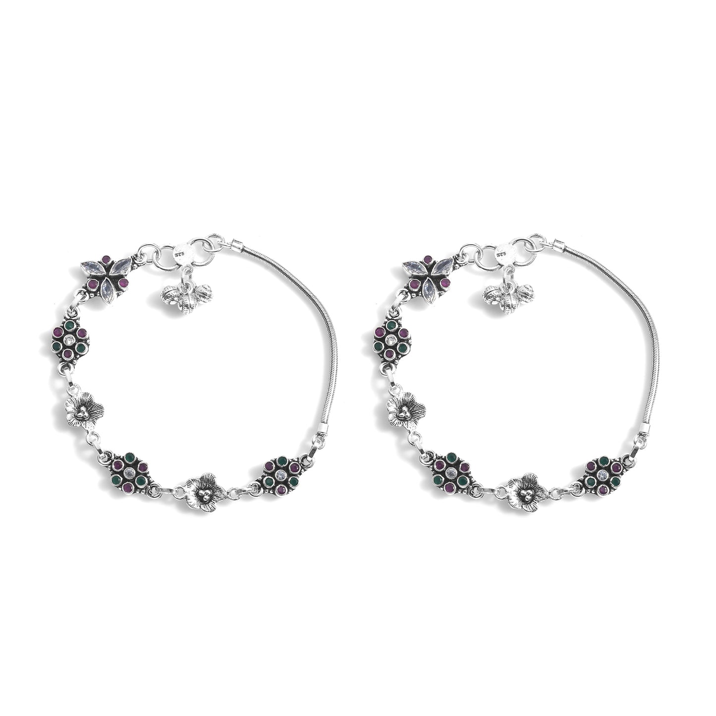 Silver Phool kali Cut Stone Anklet (Pair)
