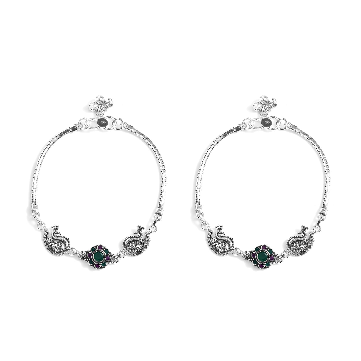 Silver Peacock And Flower Cut Stone Anklet( Pair)
