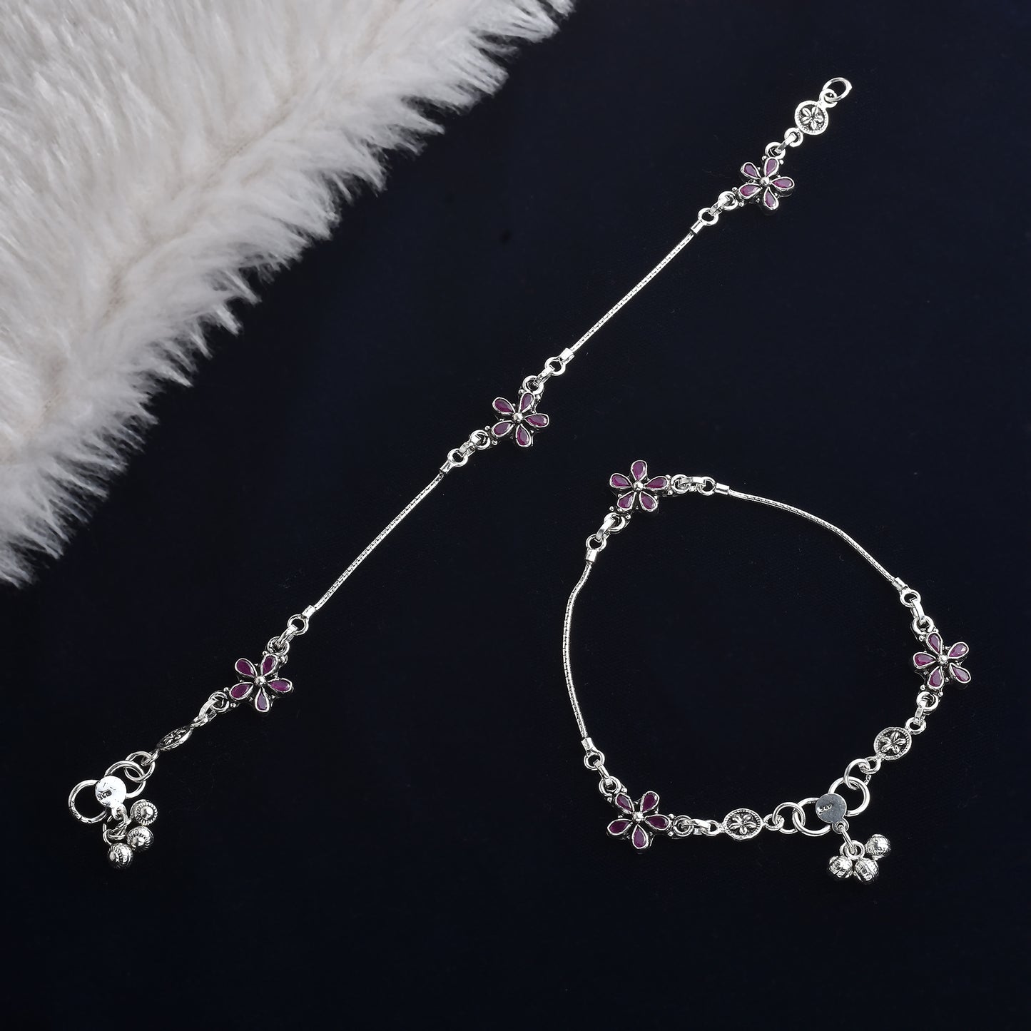 Silver Gulabi Cut Stone Phool Anklet( Pair)