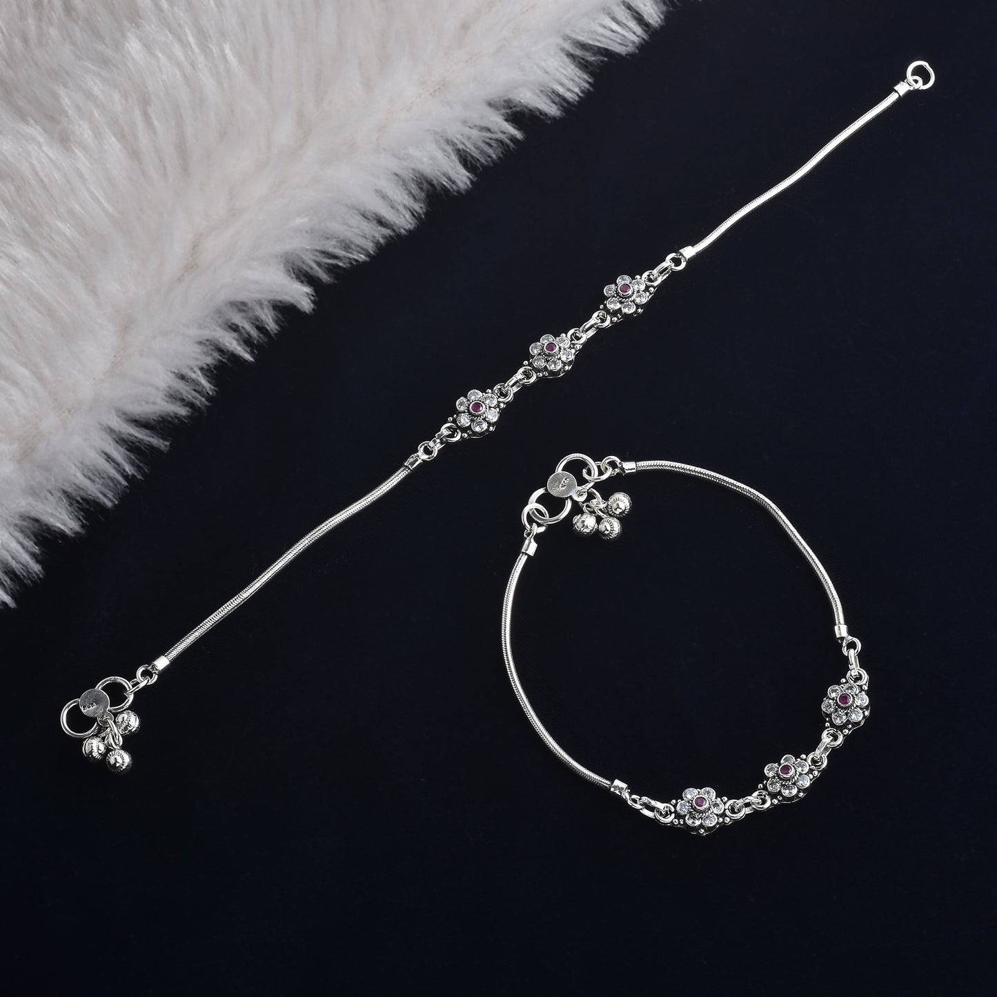 Silver Dazzling Flower Cut Stone Anklet( Pair)