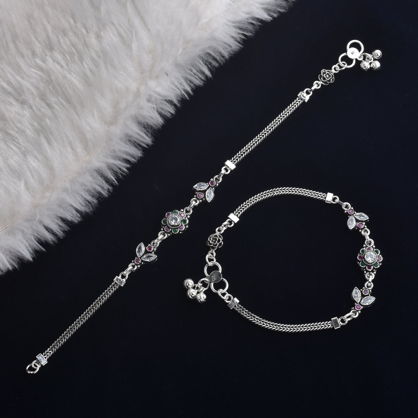 Silver Cut Stone Flower Bouquet Anklet( Pair)