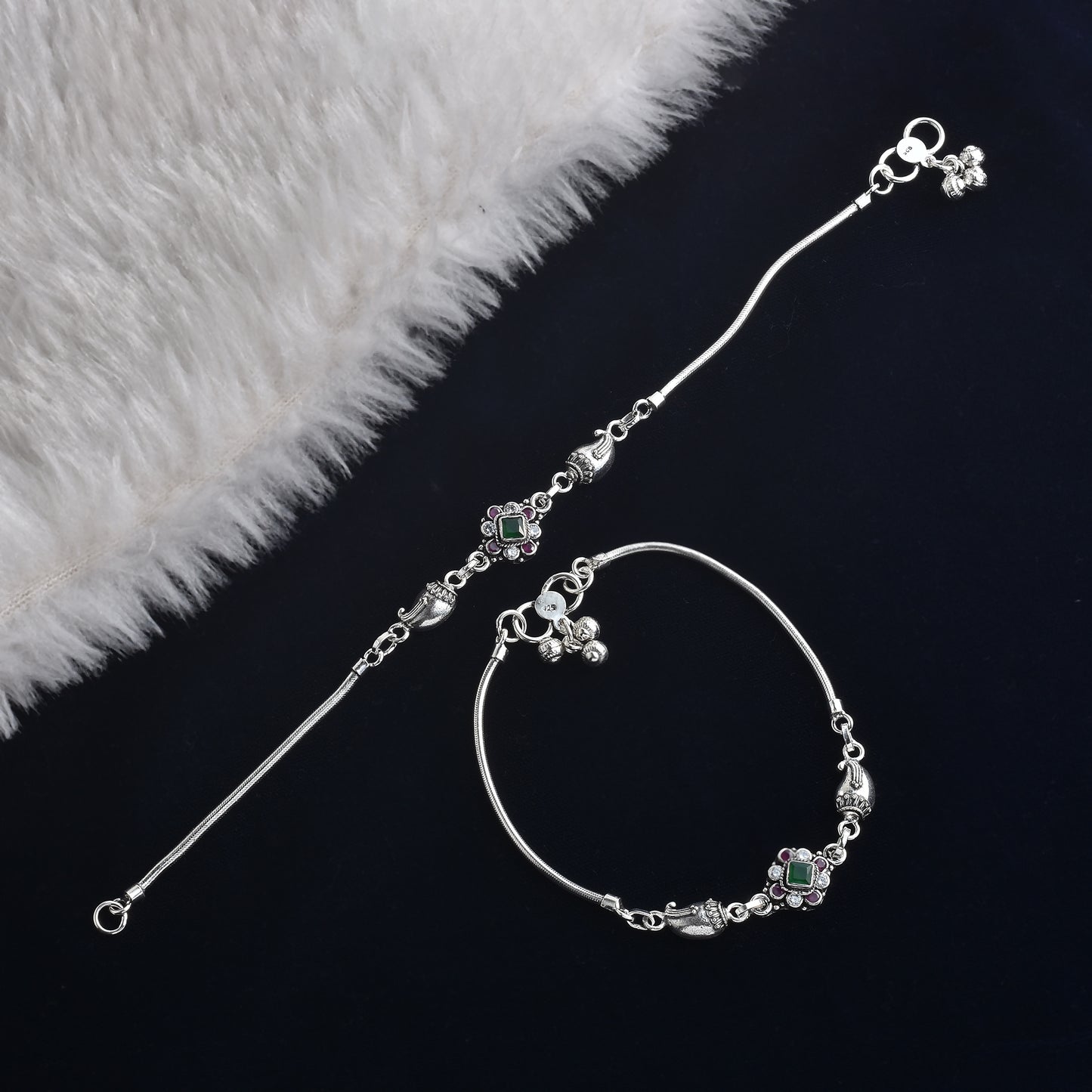Silver Tribal Phool Cut Stone Anklet( Pair)