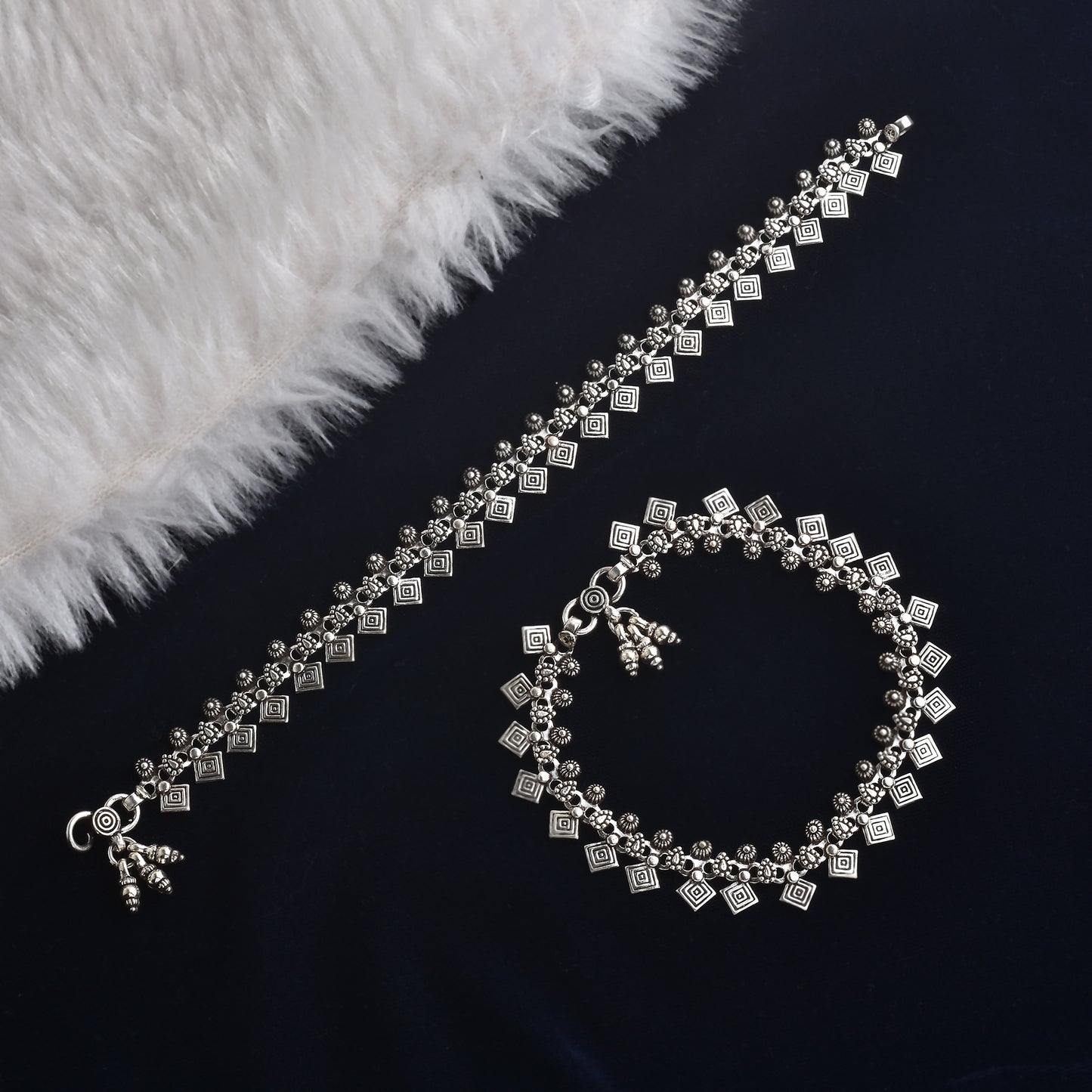 Silver Tribal Square Charm Anklet (Pair)