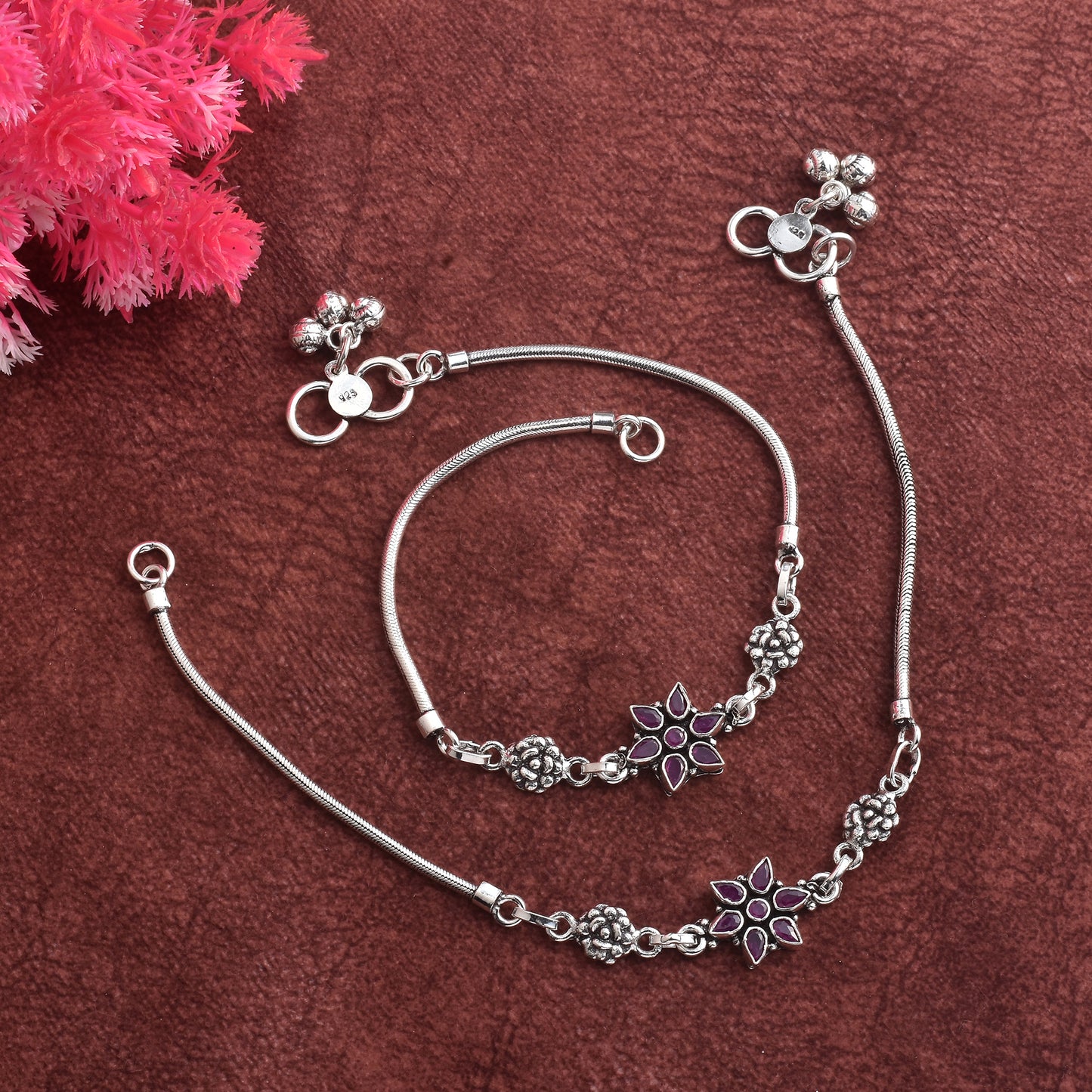 Silver Daisy Flower Cut Stone Anklet( Pair)
