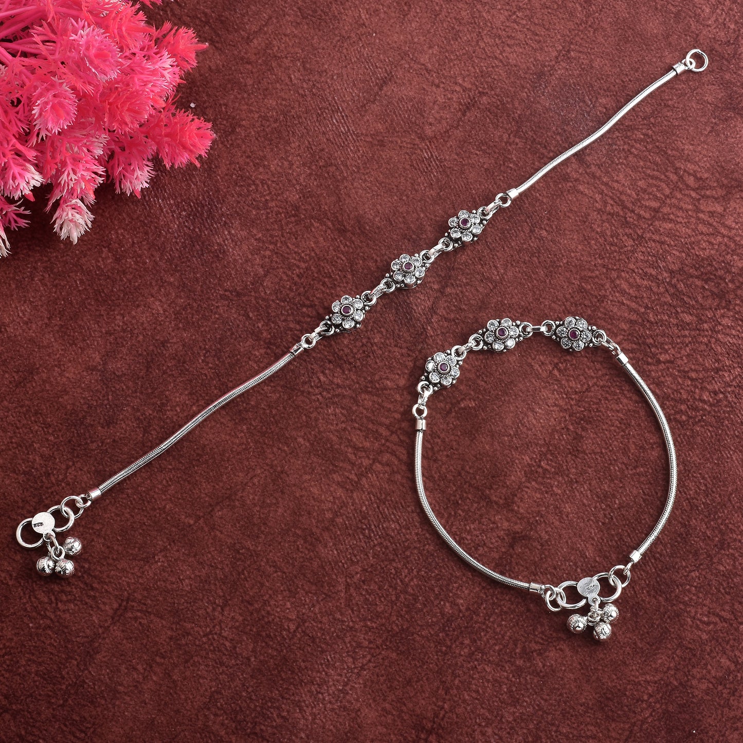 Silver Dazzling Flower Cut Stone Anklet( Pair)