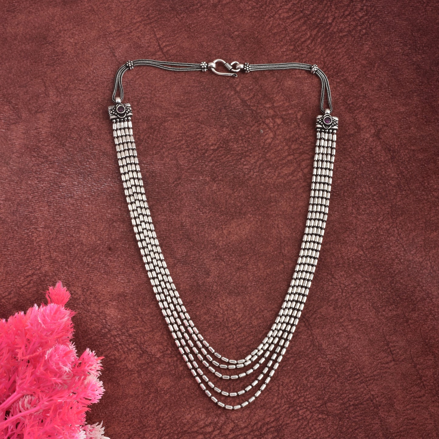 Silver Cyclinderical Five Layered Neckchain