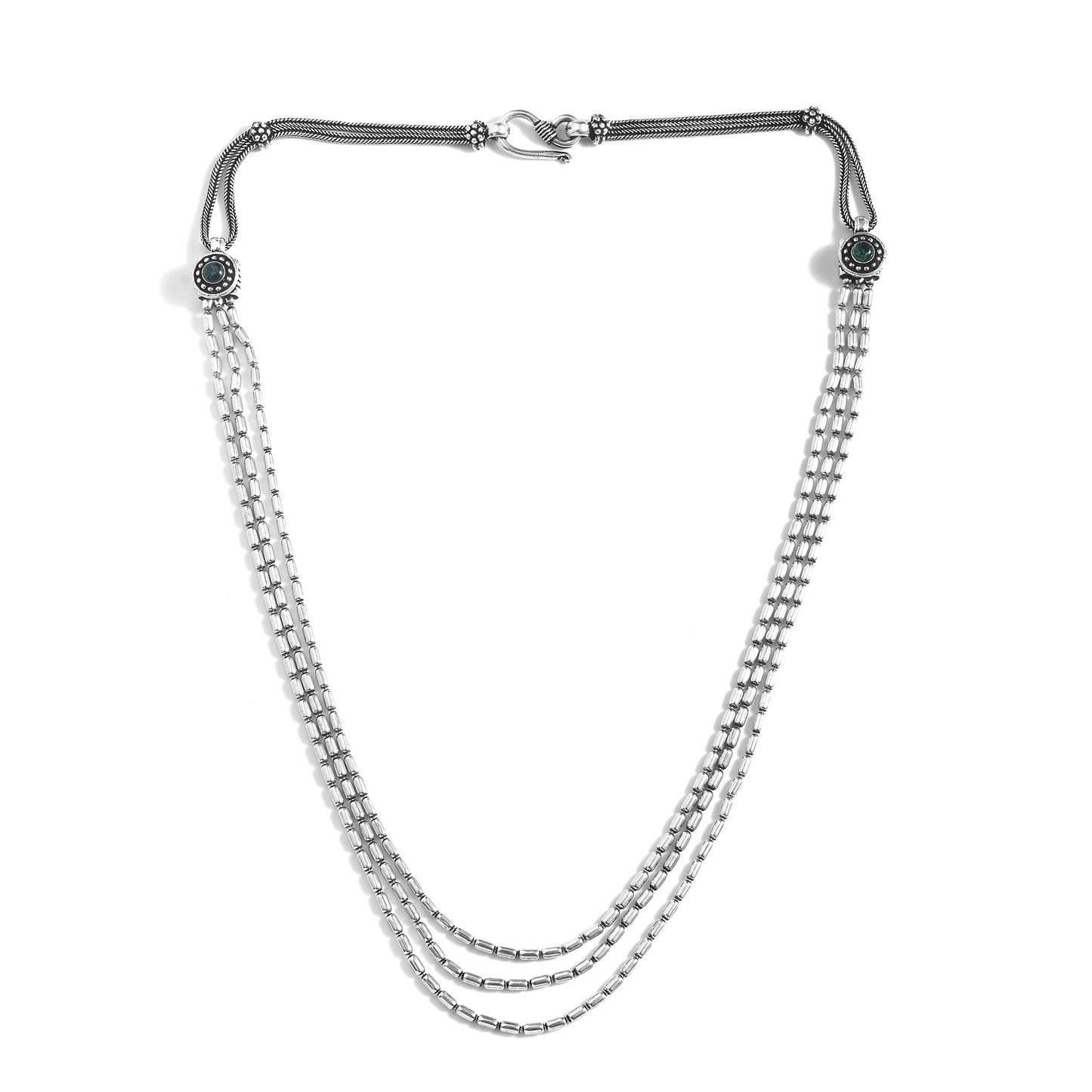 Silver Cyclinderical Beads Tri Layered Neckchain