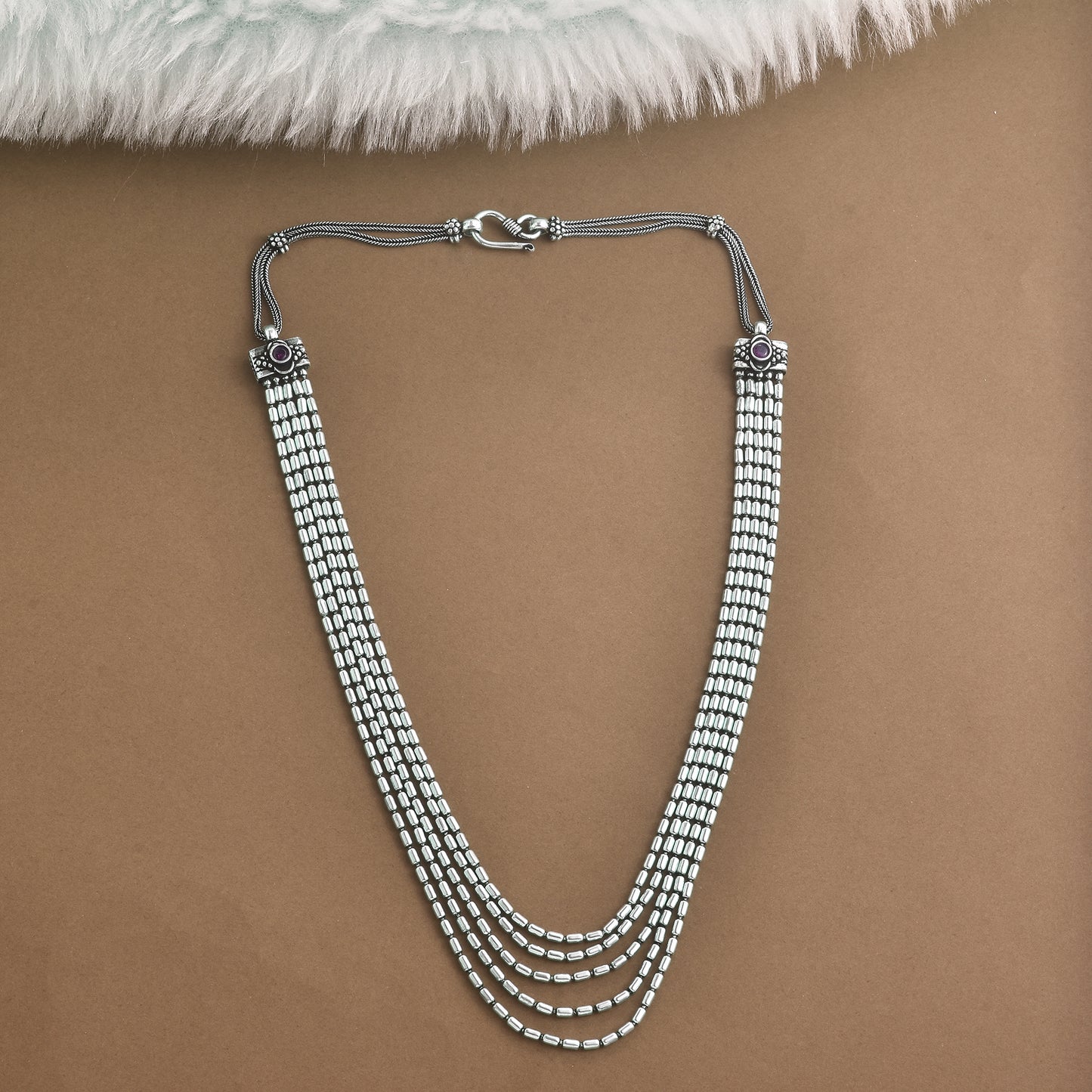 Silver Cyclinderical Five Layered Neckchain
