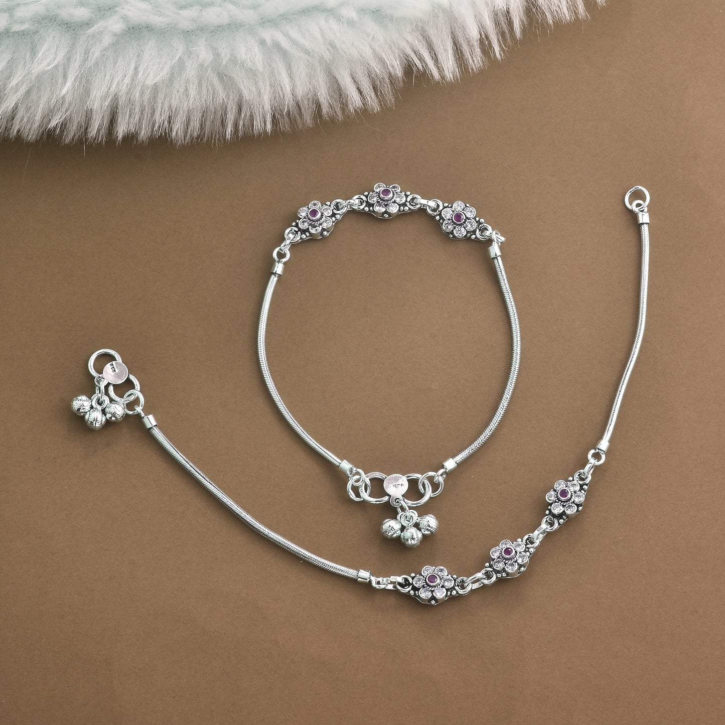 Silver Dazzling Flower Cut Stone Anklet( Pair)