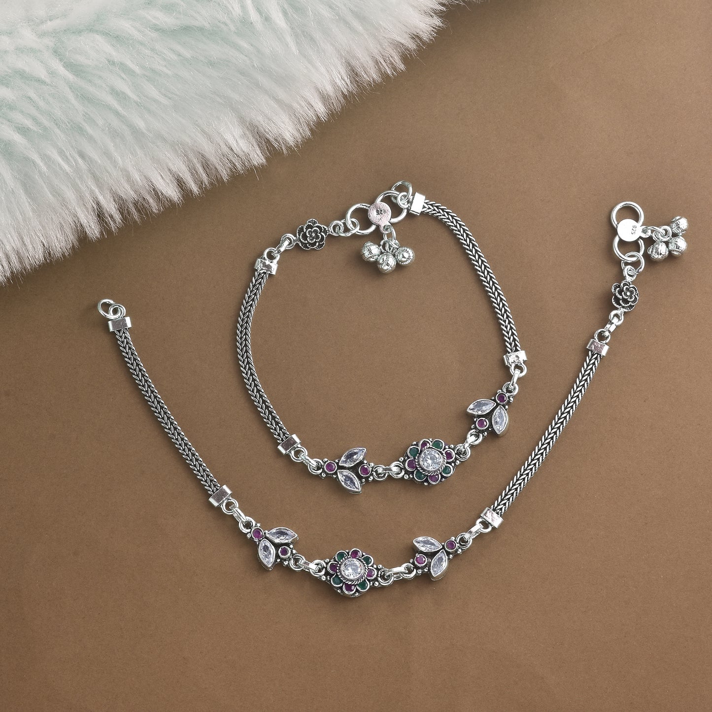 Silver Cut Stone Flower Bouquet Anklet( Pair)