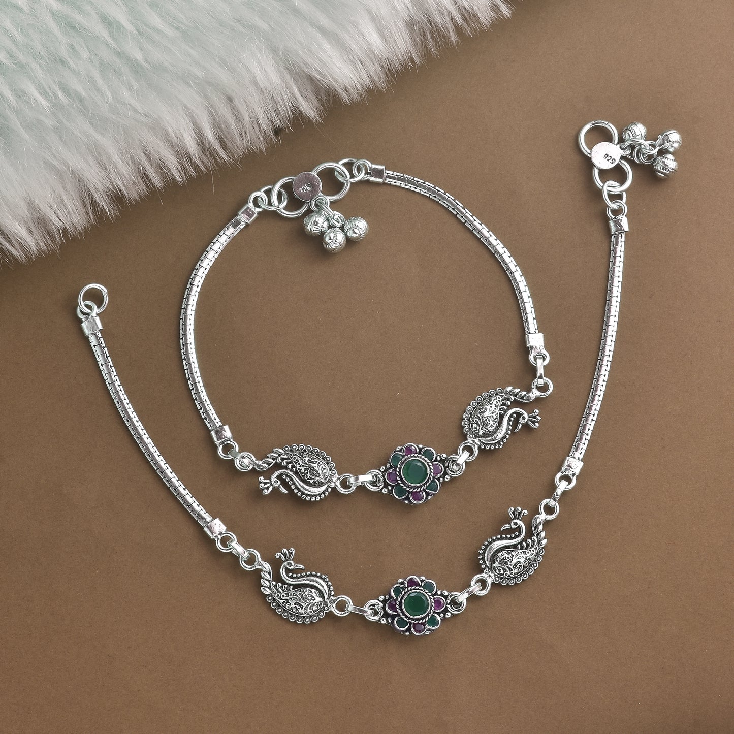 Silver Peacock And Flower Cut Stone Anklet( Pair)