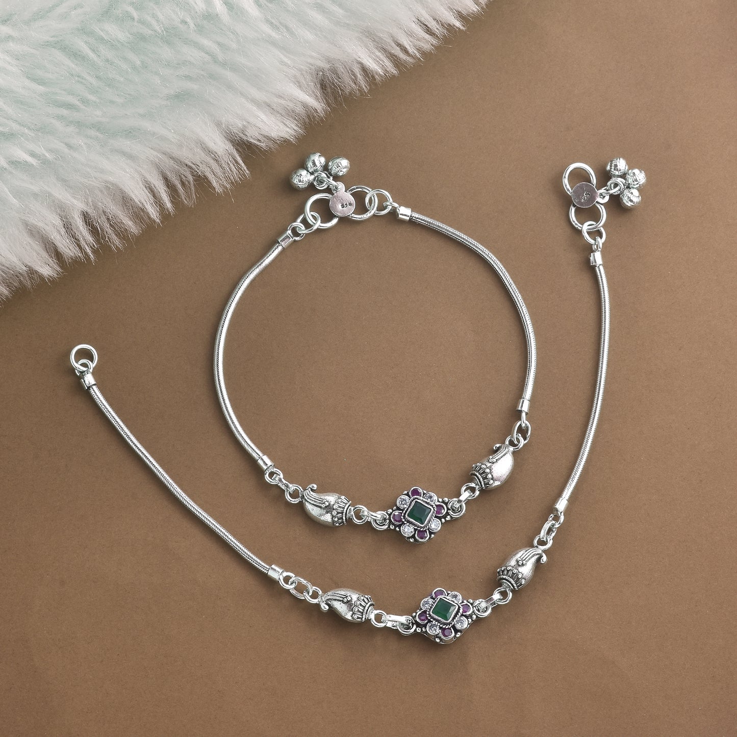 Silver Tribal Phool Cut Stone Anklet( Pair)