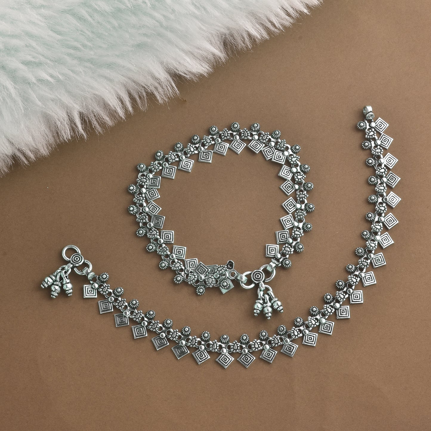 Silver Tribal Square Charm Anklet (Pair)