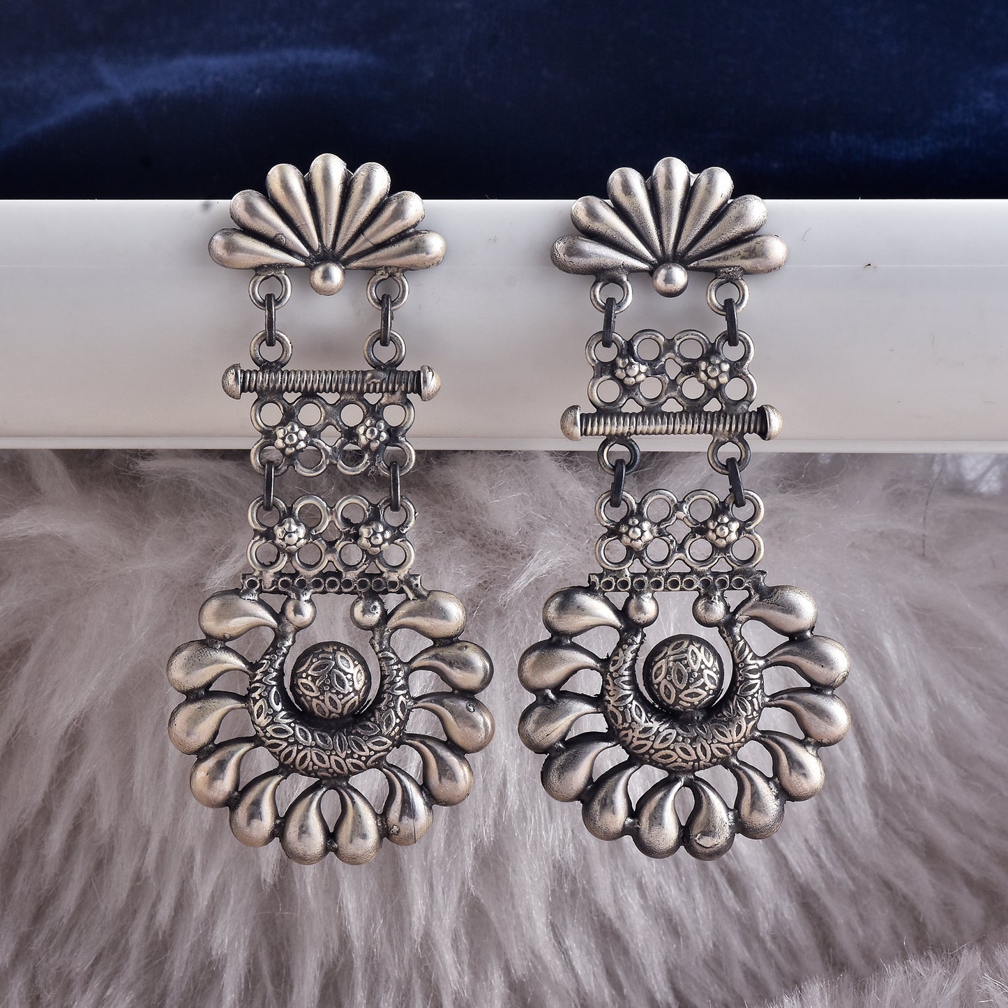 Silver Blossom Crest Jhumka Earrings