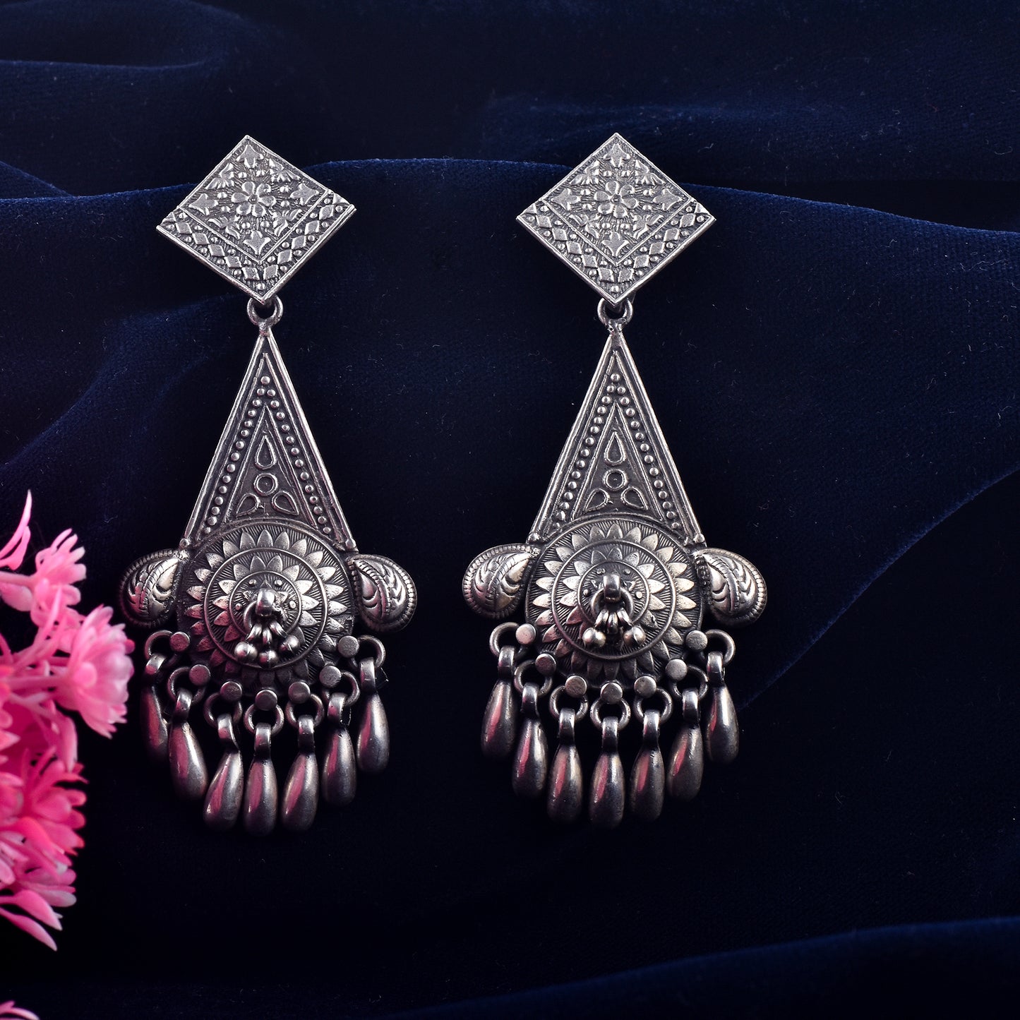 Silver Lotus Mandala Teardrop Jhumka Earrings