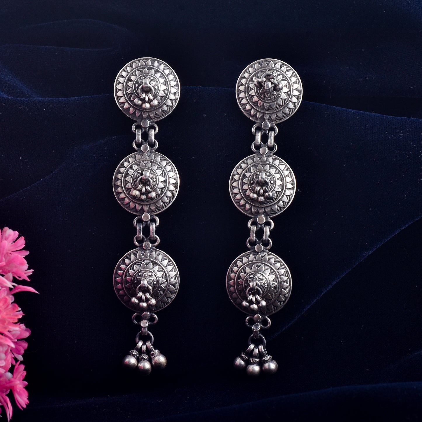 Silver Mandala Floral Droplet Jhumka Earrings