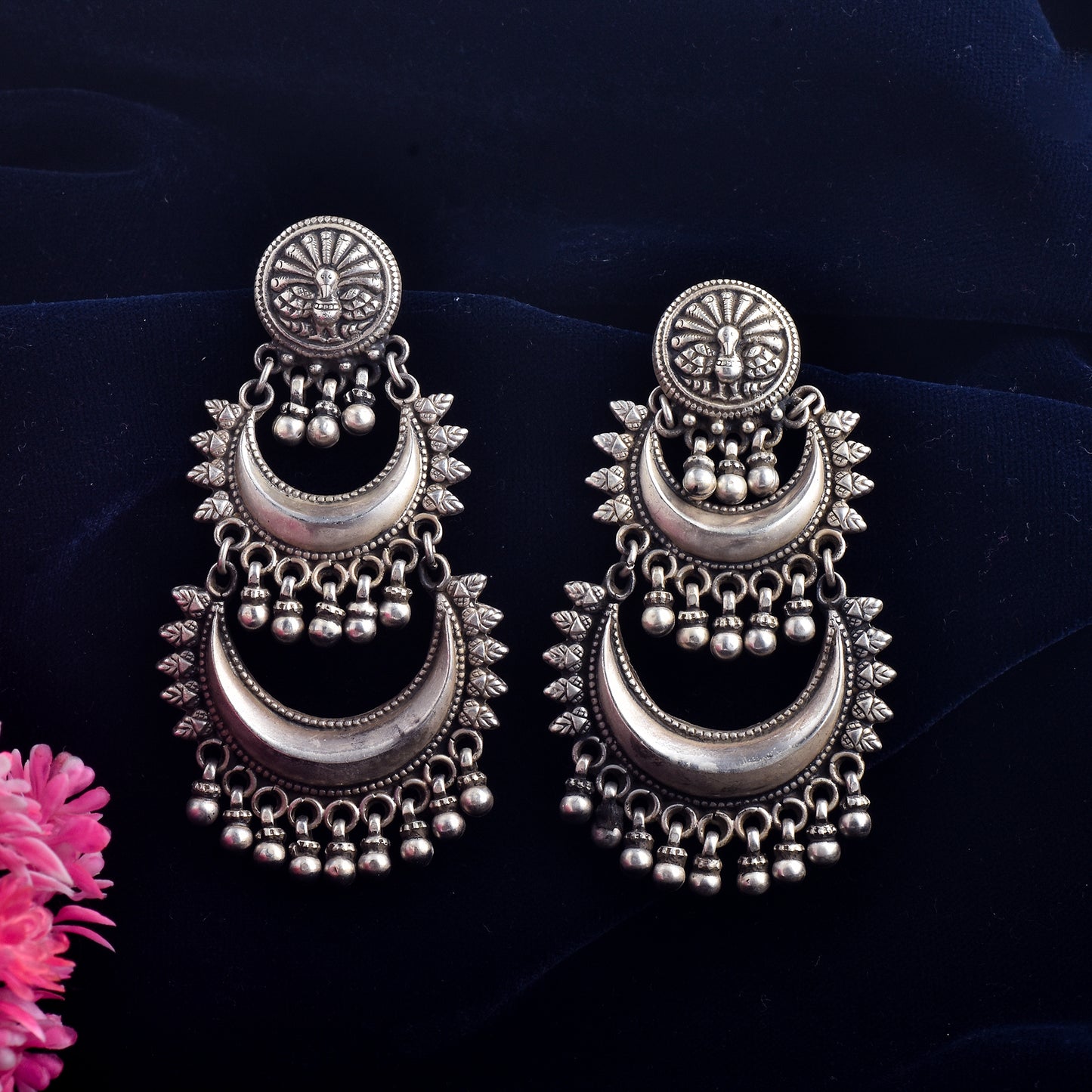 Silver Crescent & Bells Chimes Jhumka Earrings