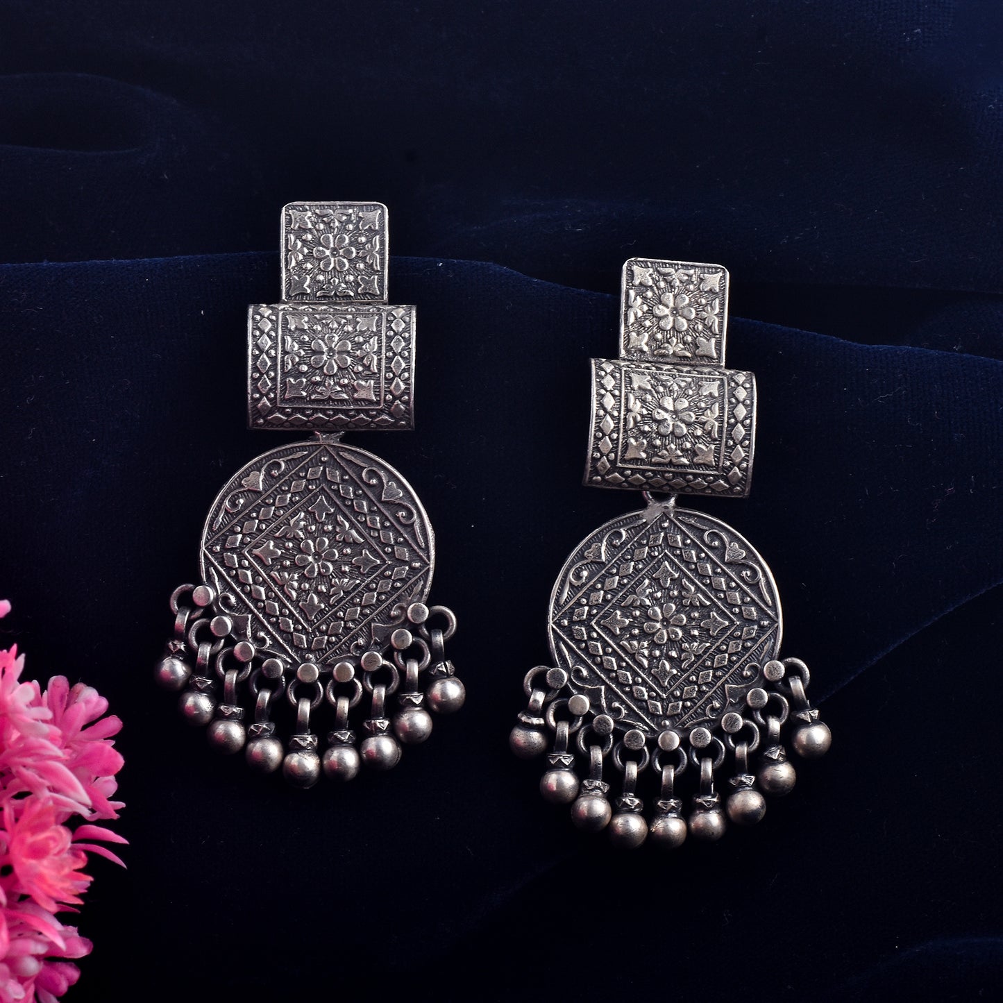 Silver Square And Round Mandala Chimes Earrings