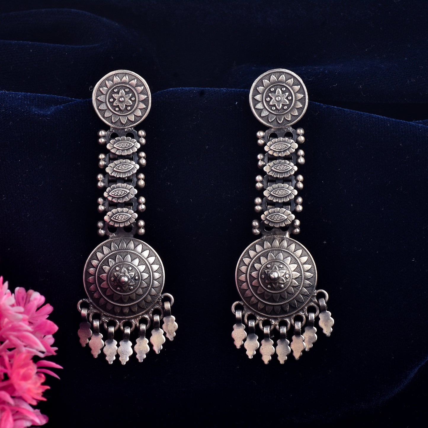 Silver Mandala Flower Jhula Earrings