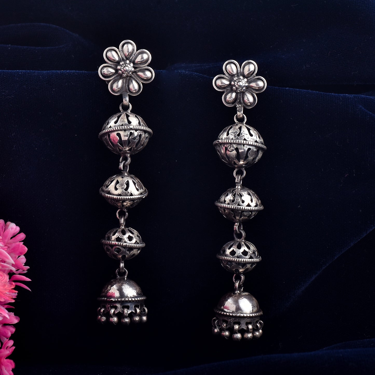 Silver Daisy Flower Mala Jhumka Earrings