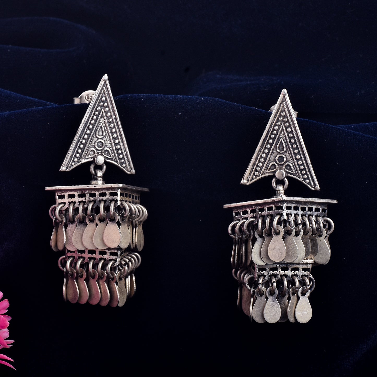 Silver Tribal Triangle Chimes Earrings