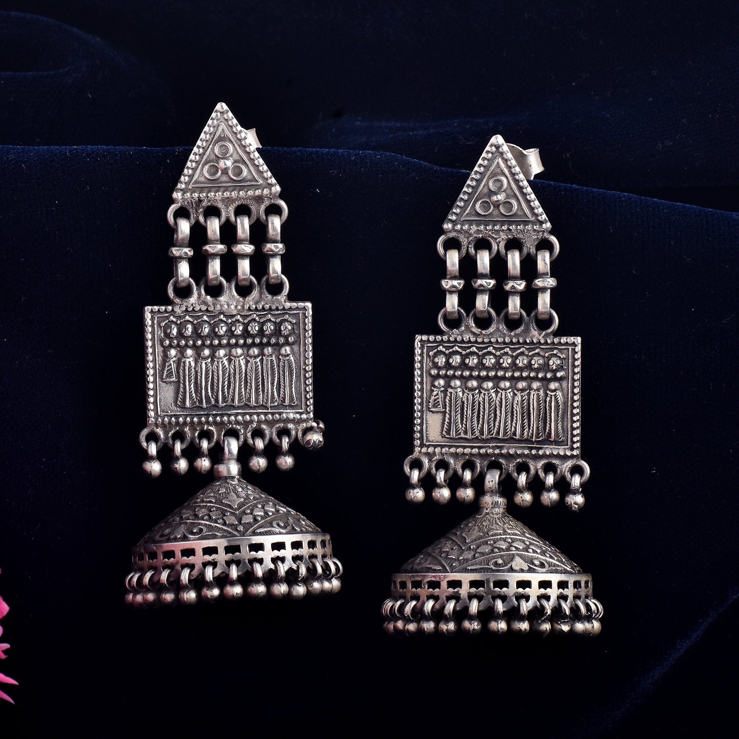 Silver Heritage Dome Drop Jhumka Earrings