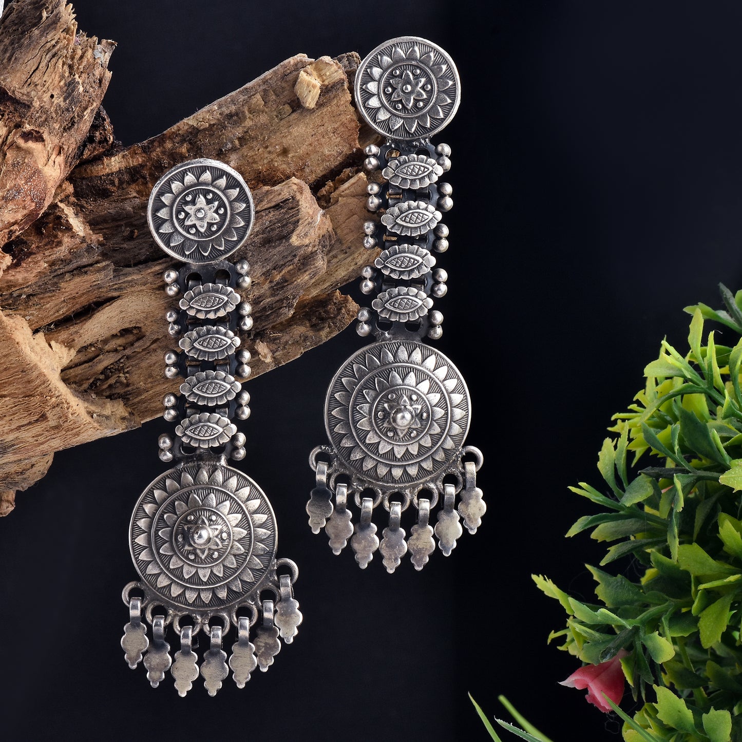 Silver Mandala Flower Jhula Earrings