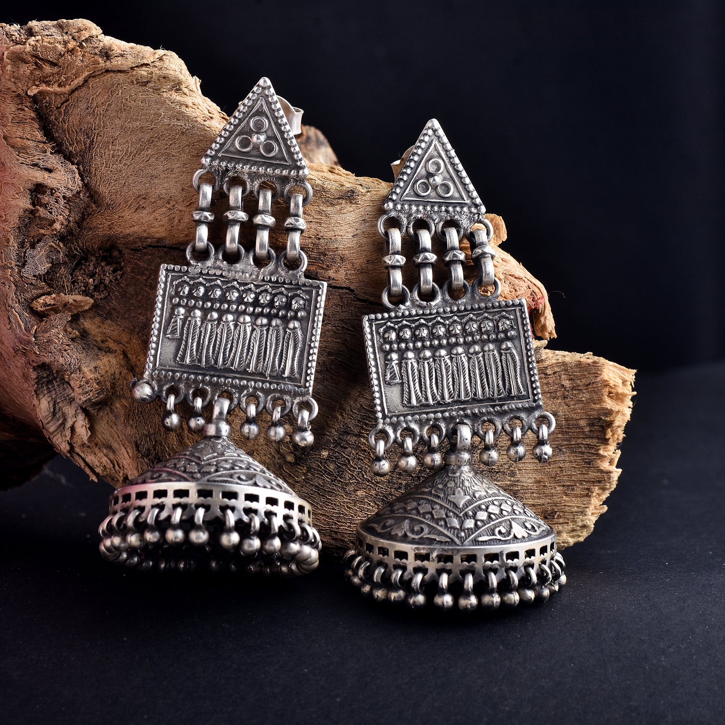 Silver Heritage Dome Drop Jhumka Earrings