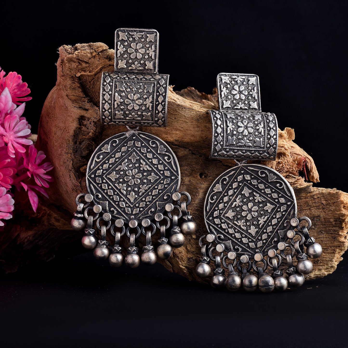 Silver Square And Round Mandala Chimes Earrings