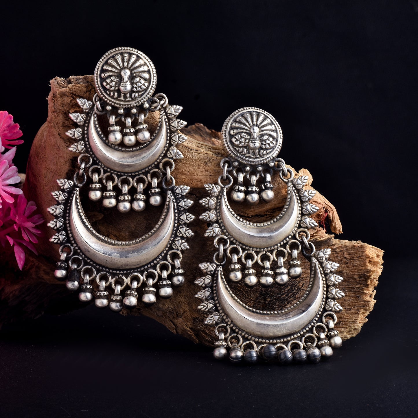 Silver Crescent & Bells Chimes Jhumka Earrings