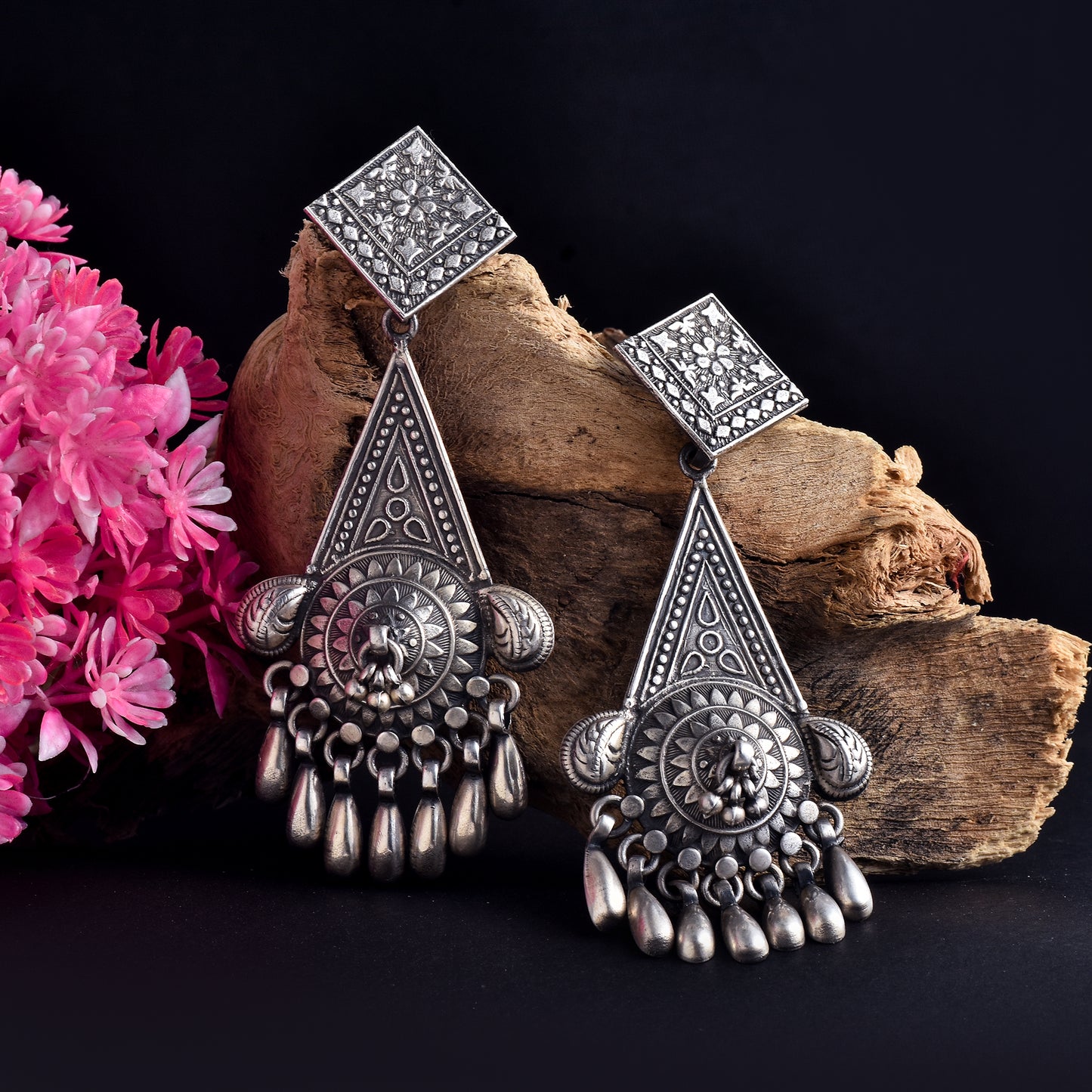 Silver Lotus Mandala Teardrop Jhumka Earrings