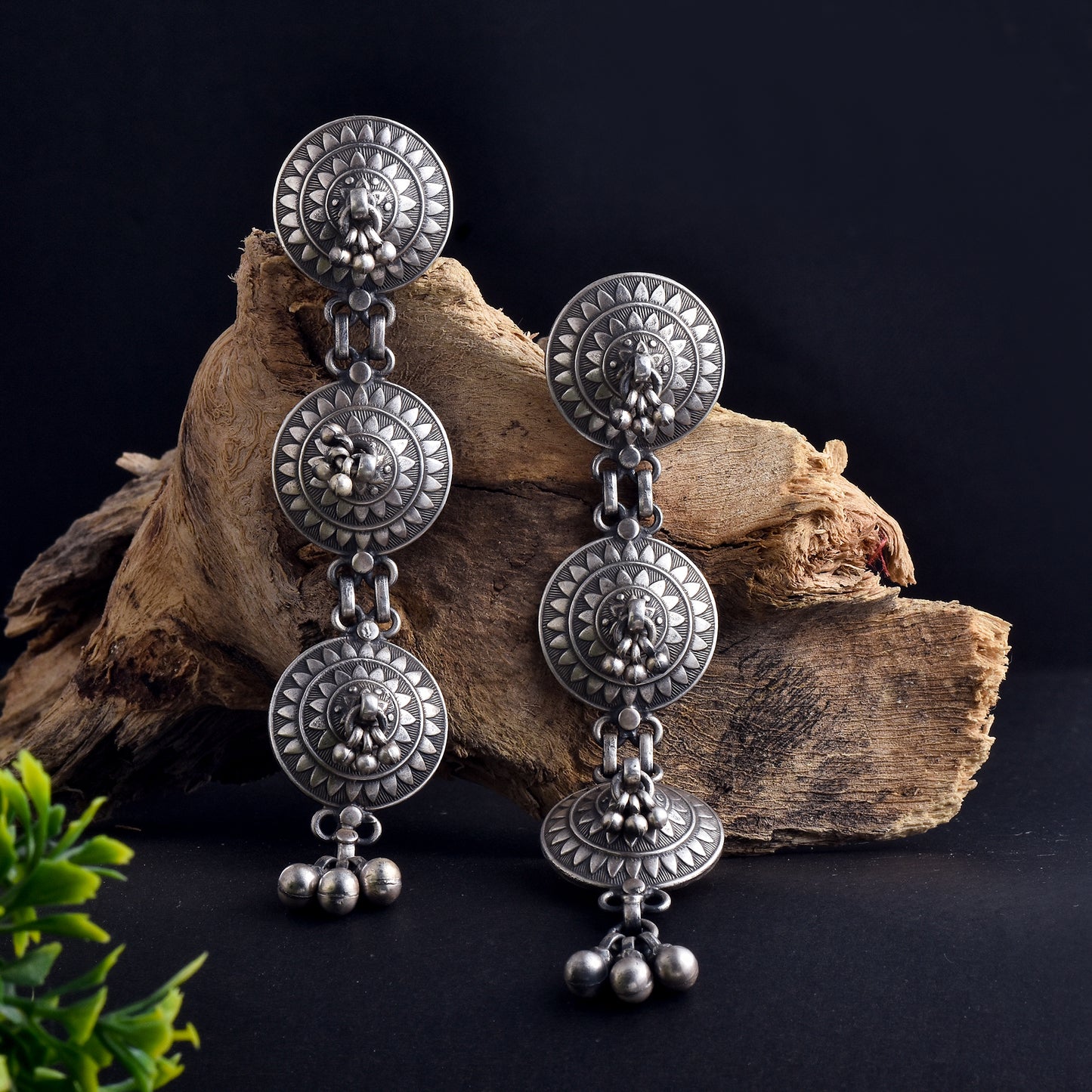 Silver Mandala Floral Droplet Jhumka Earrings