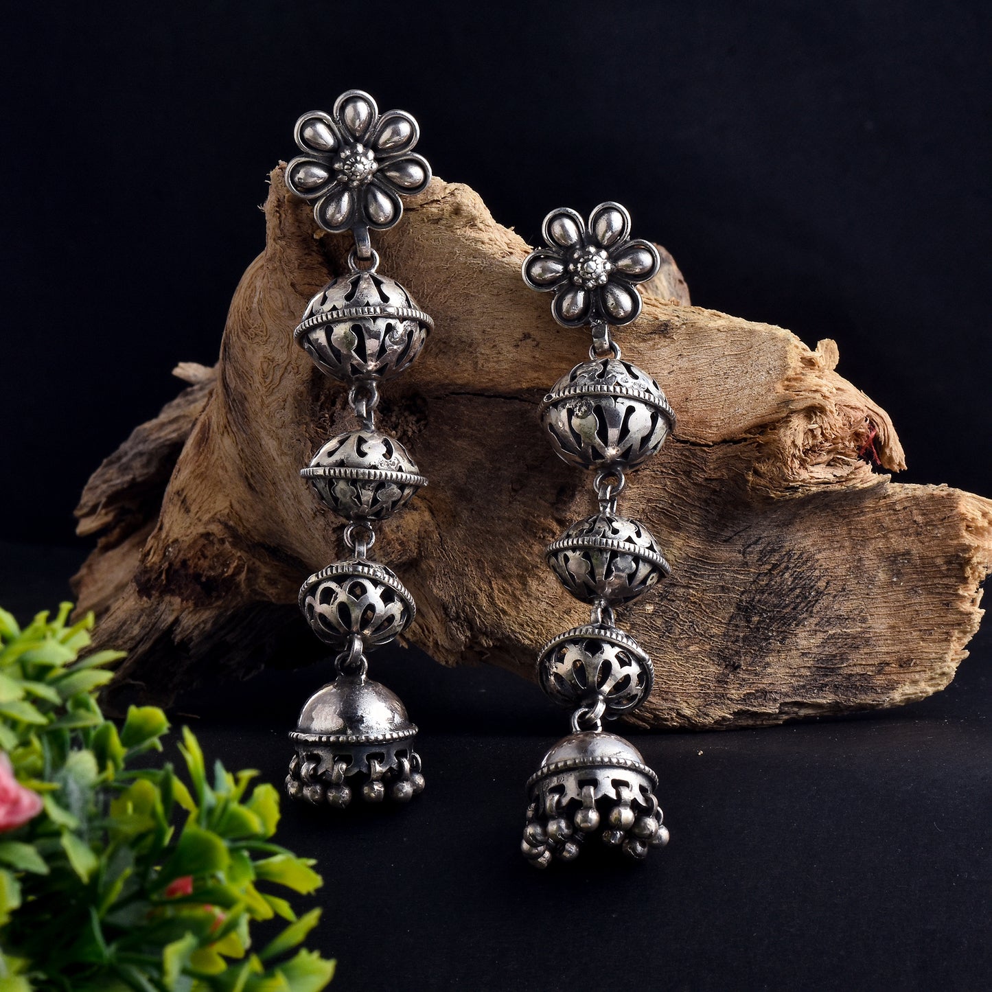 Silver Daisy Flower Mala Jhumka Earrings