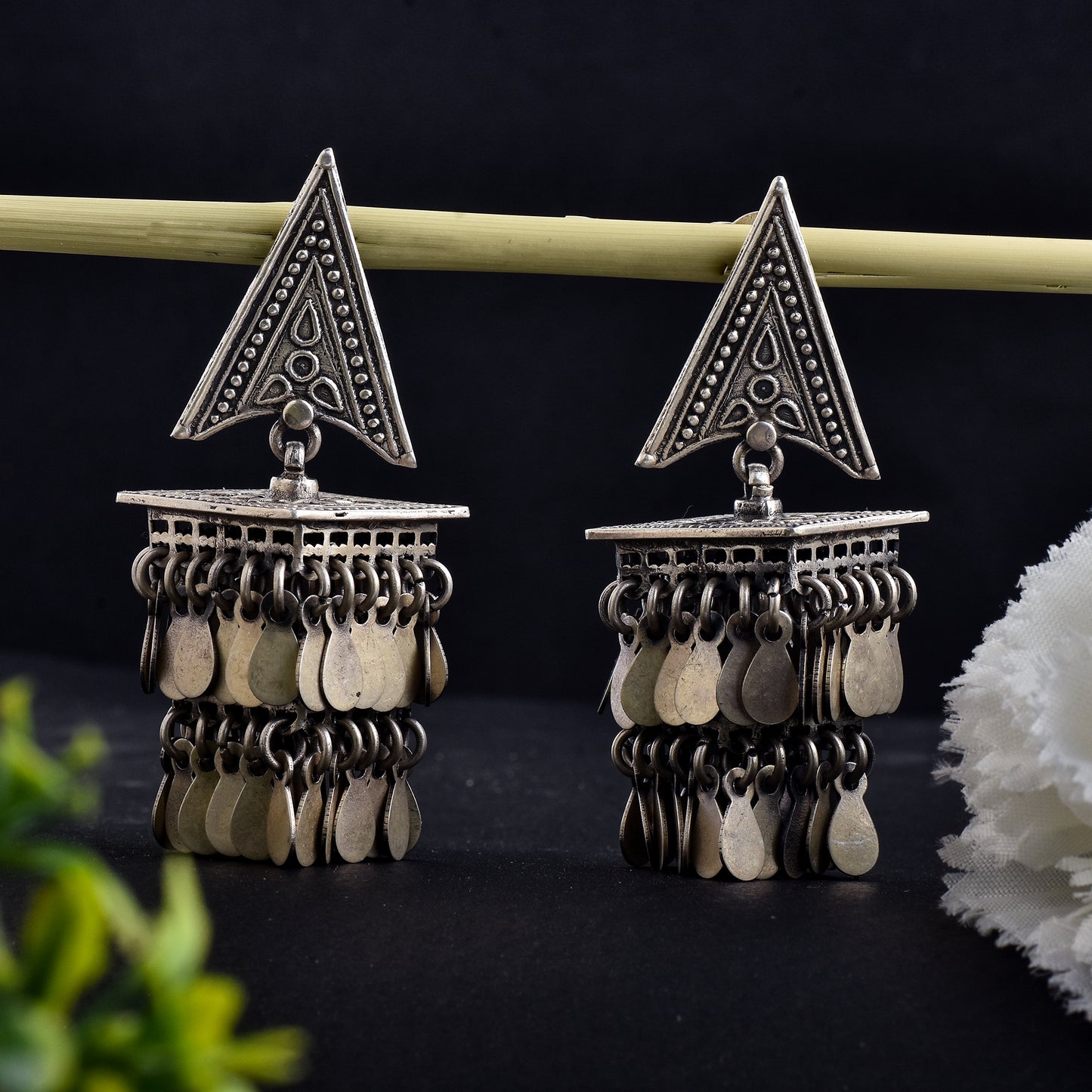 Silver Tribal Triangle Chimes Earrings