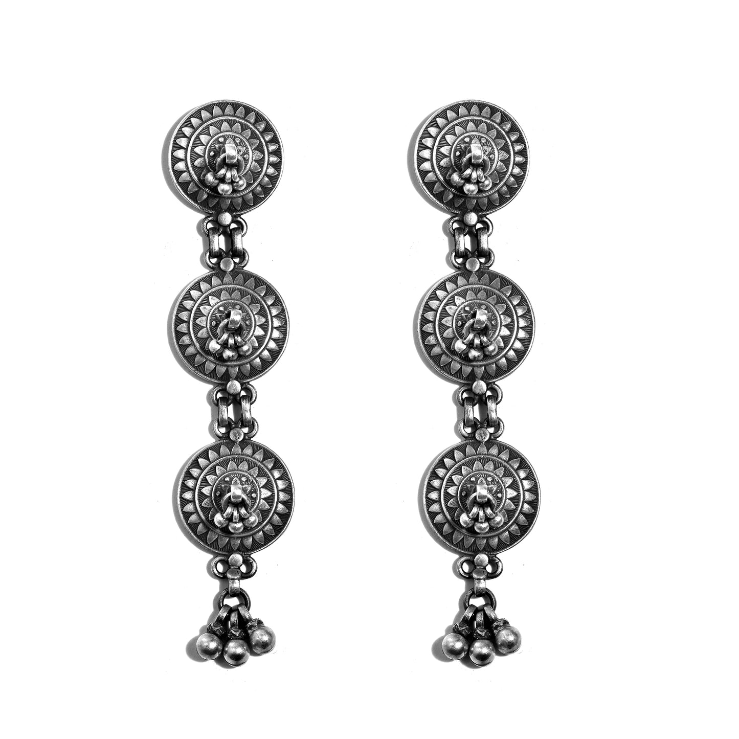 Silver Mandala Floral Droplet Jhumka Earrings
