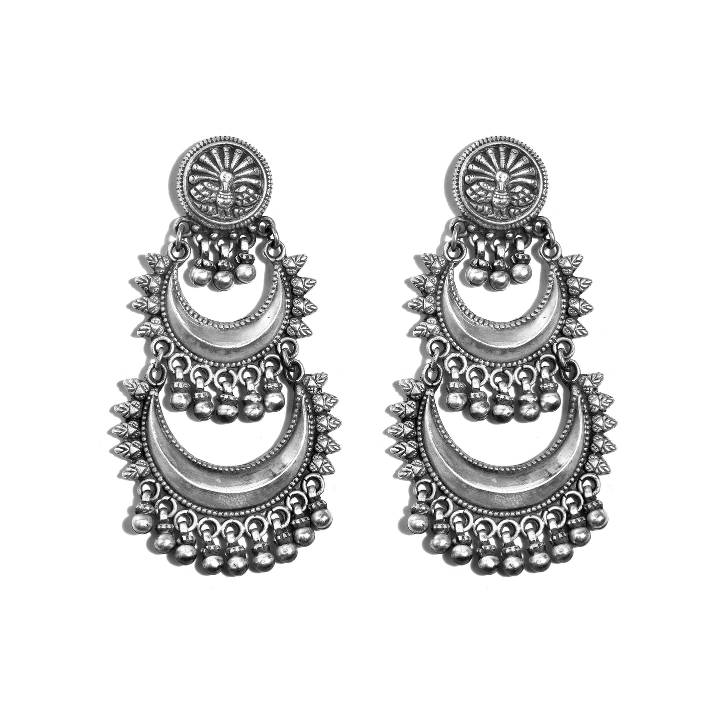 Silver Crescent & Bells Chimes Jhumka Earrings