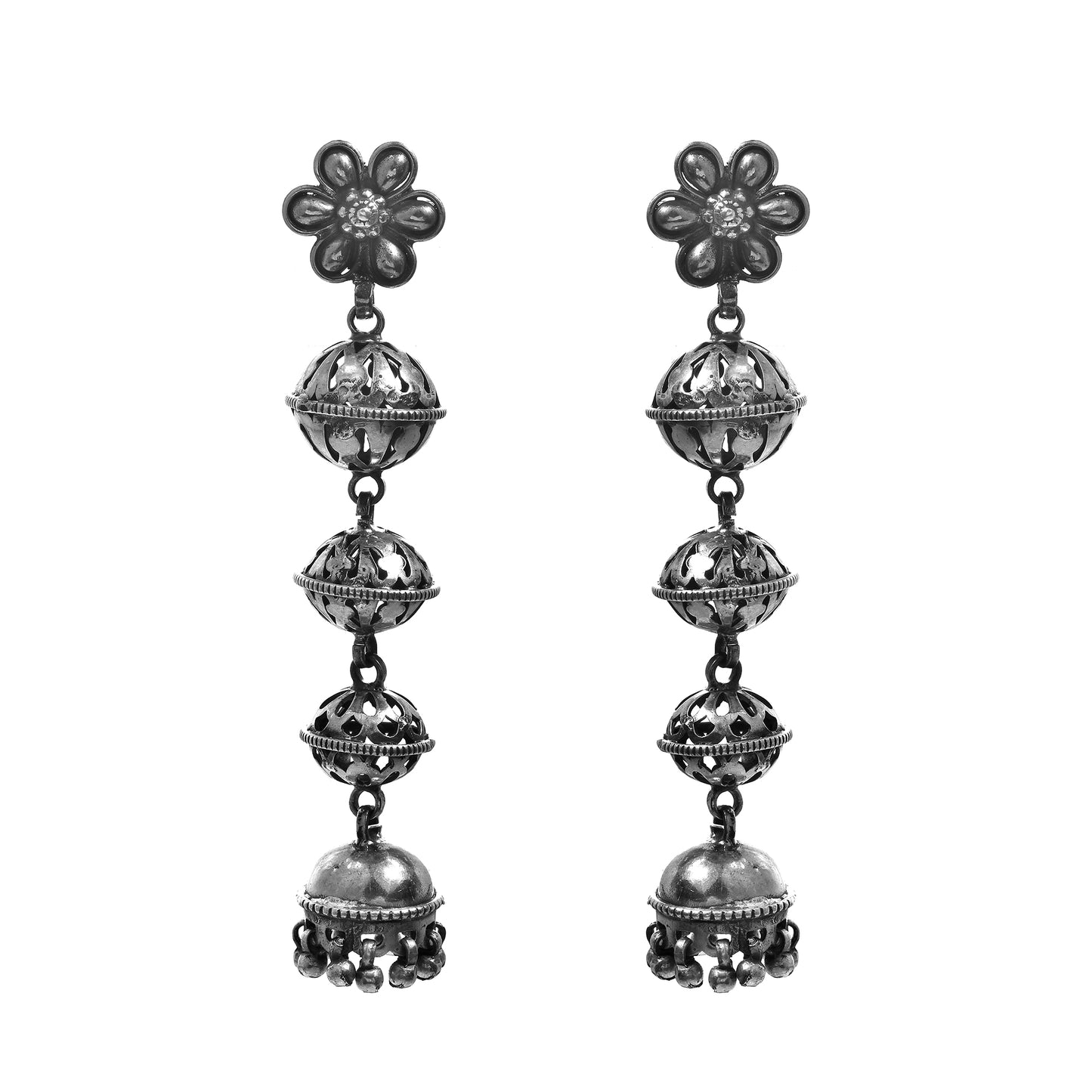 Silver Daisy Flower Mala Jhumka Earrings