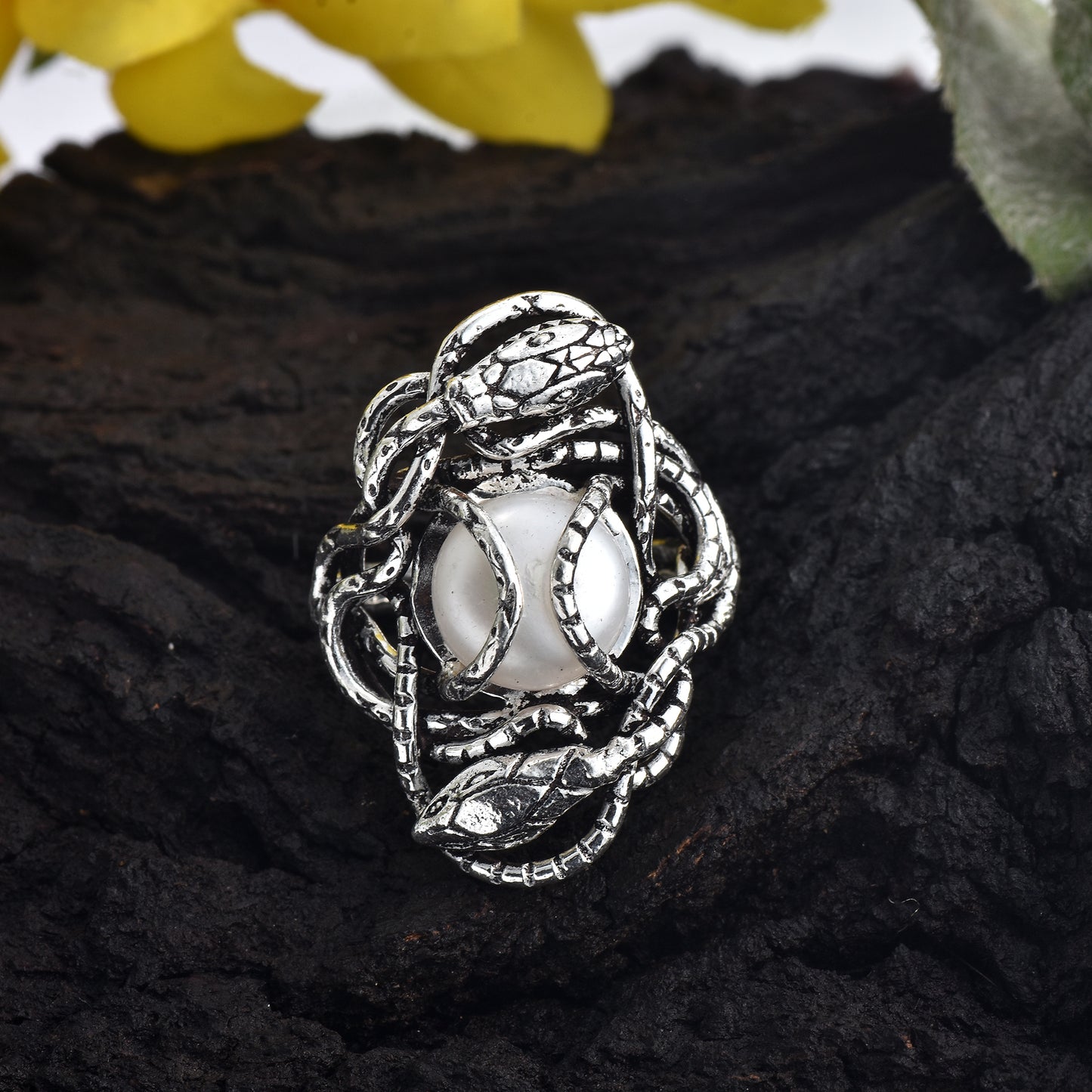 Silver Guardian Serpent Pearl Ring