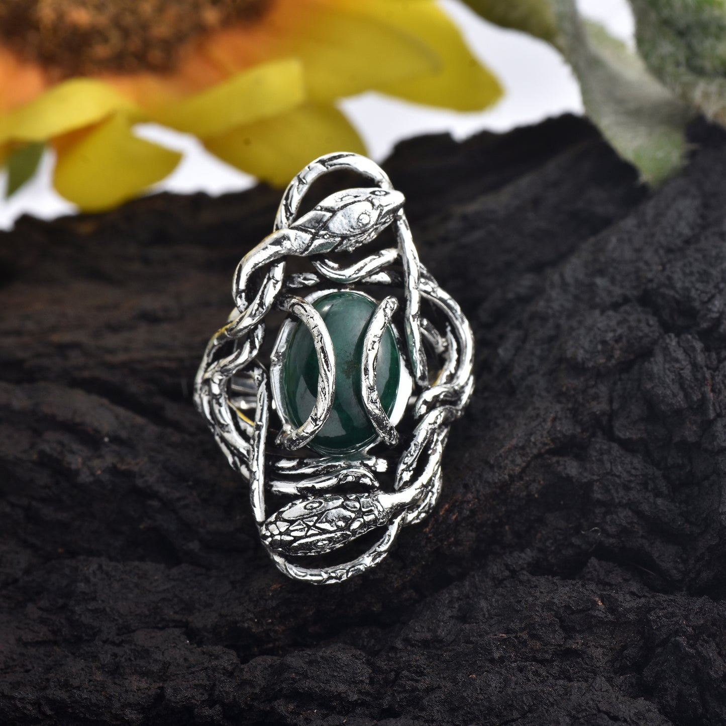 Silver Guardian Serpent Green Onyx Ring