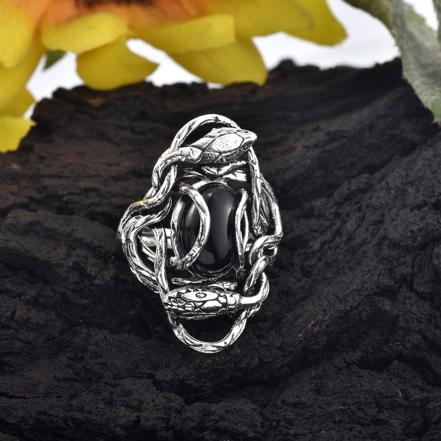 Silver Guardian Serpent Black Onyx Ring