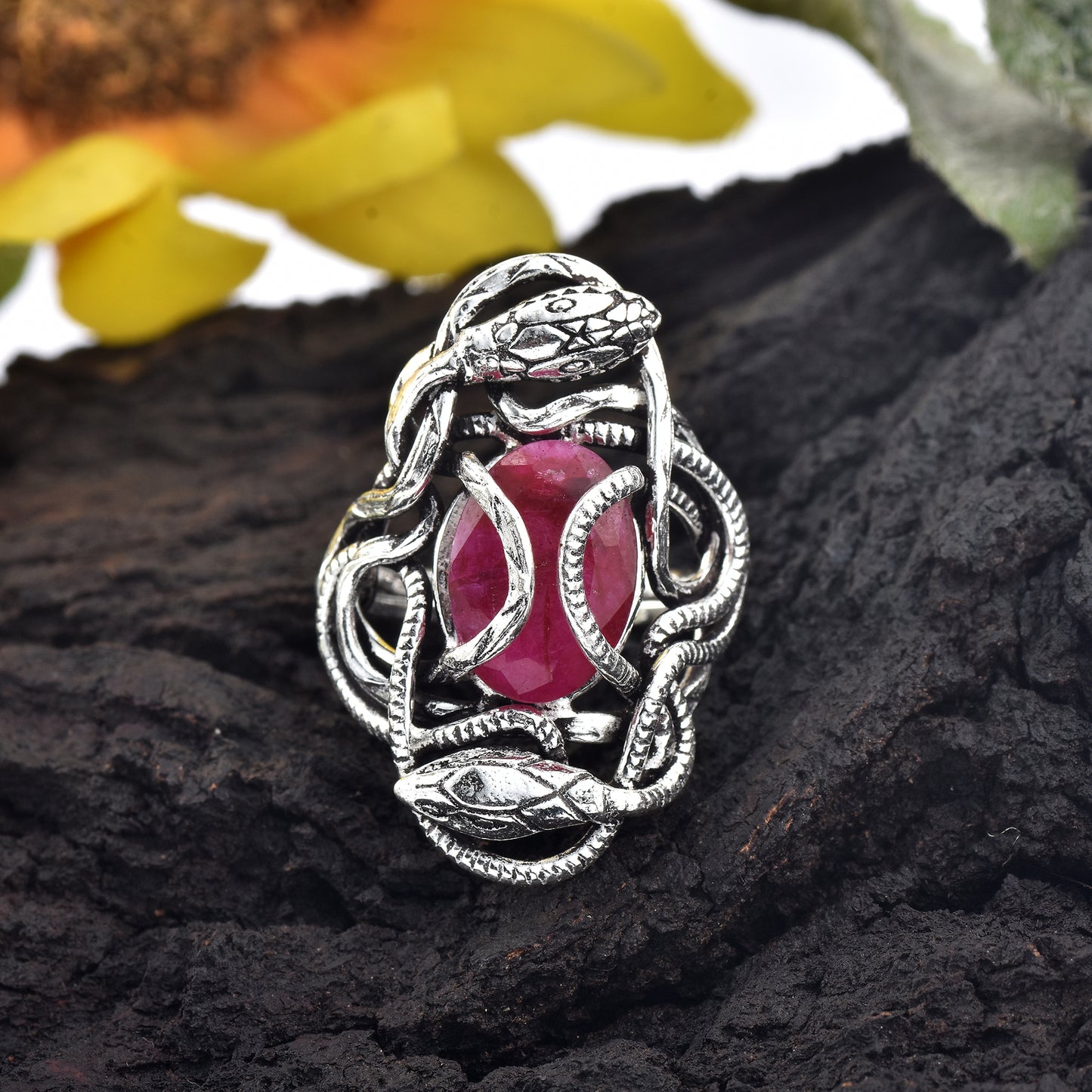 Silver Guardian Serpent Ruby Stone Ring