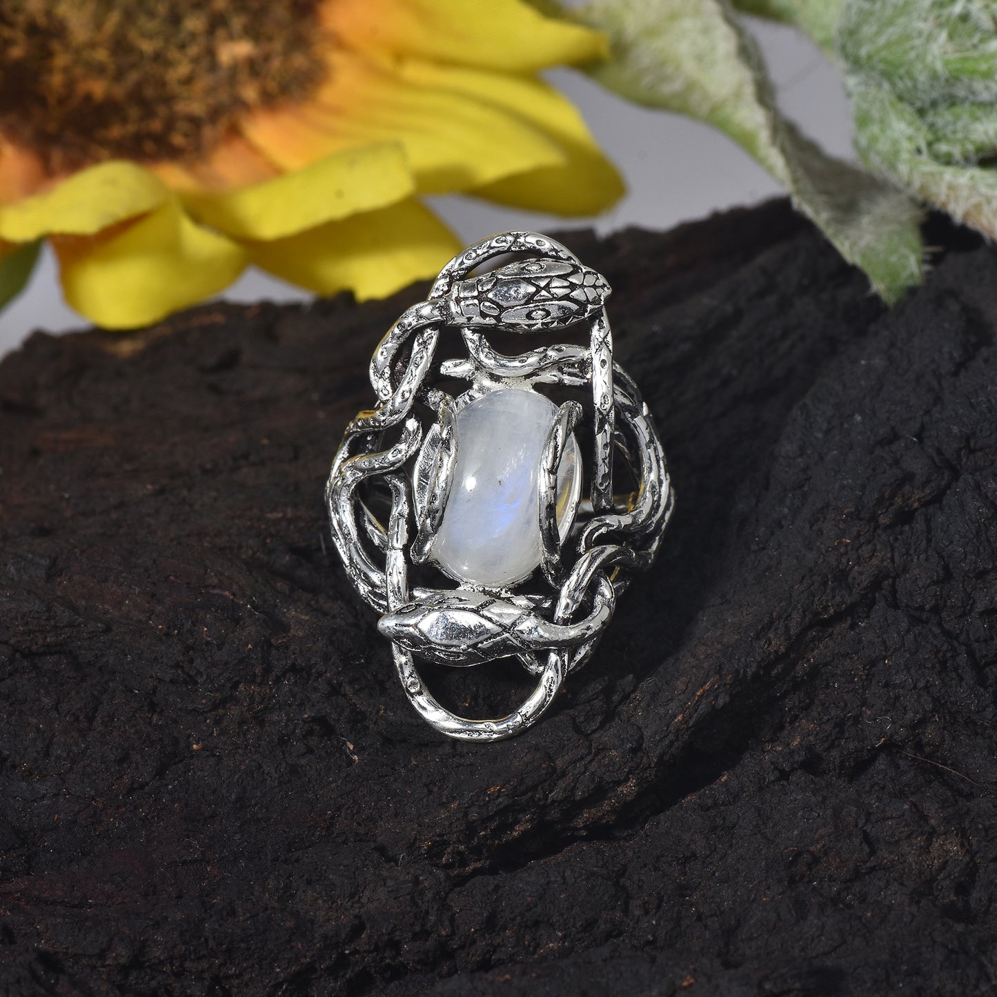 Silver Guardian Serpent Moon Stone Ring