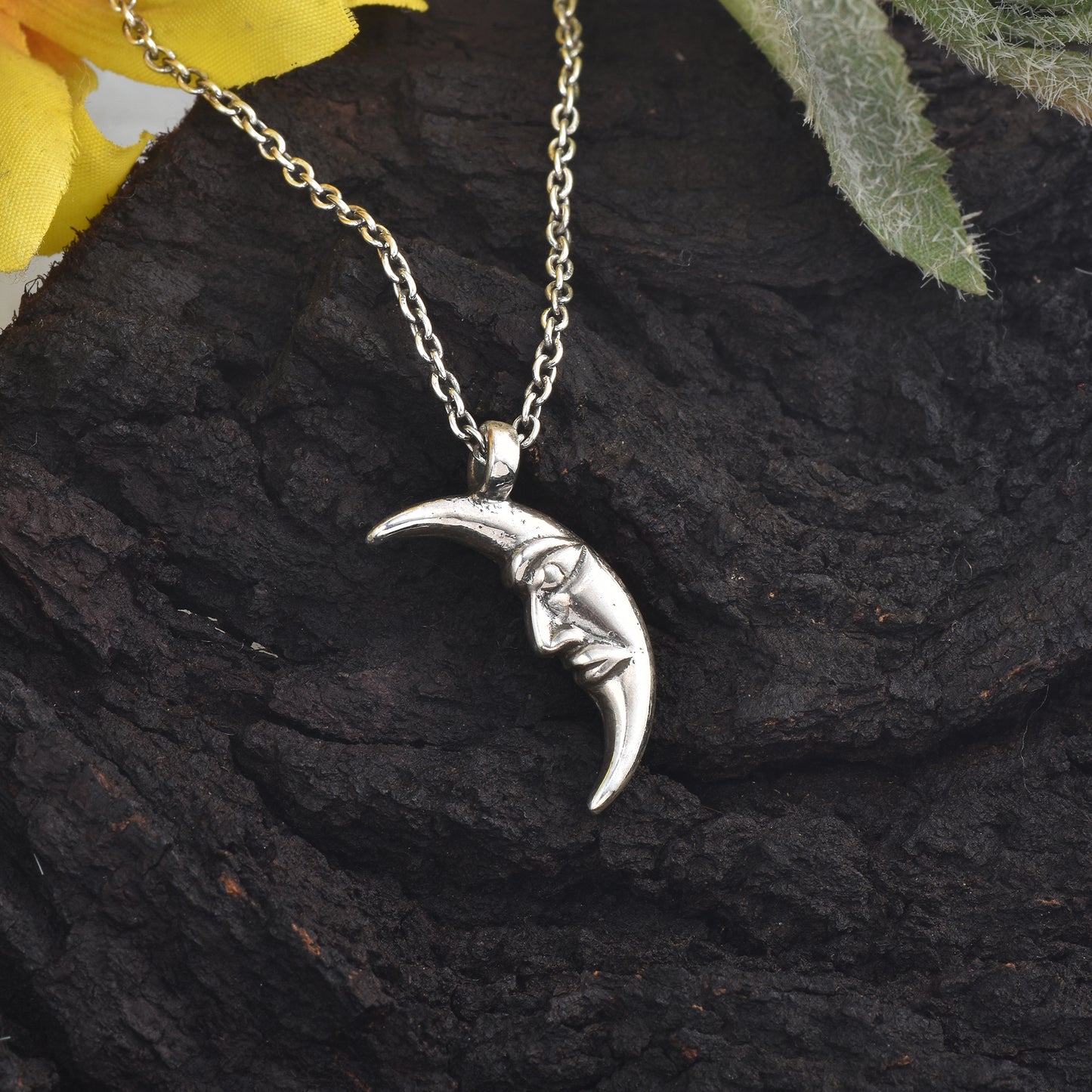 Silver Half Moon Charm Pendant With Chain