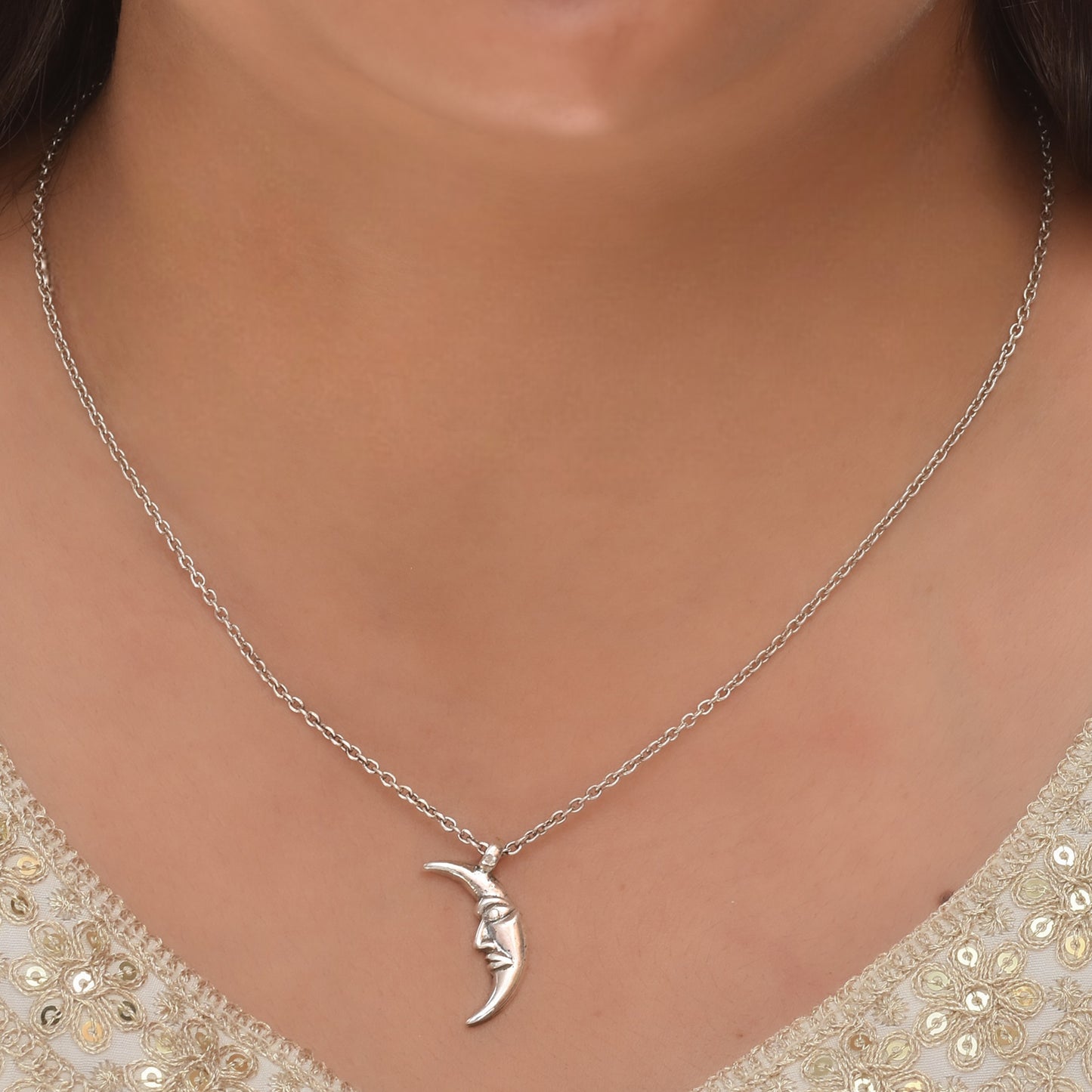 Silver Half Moon Charm Pendant With Chain