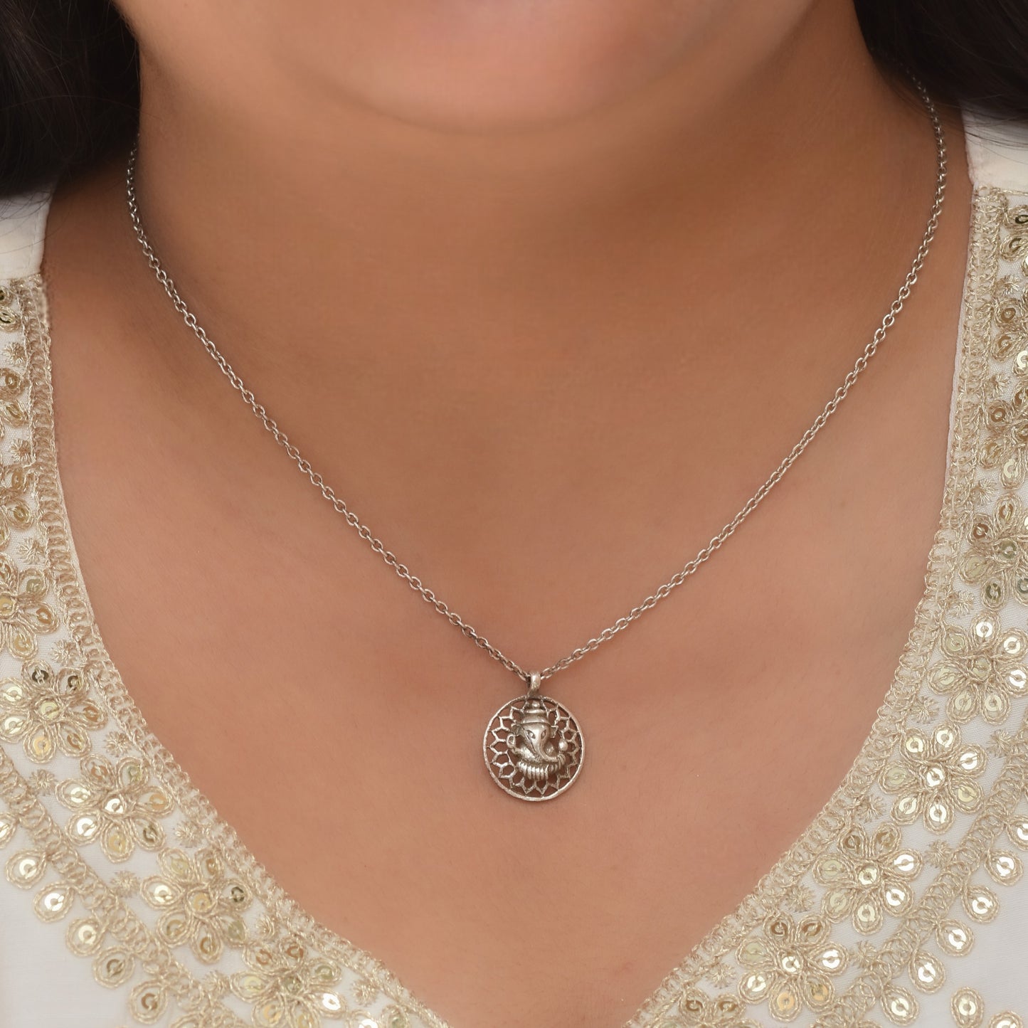 Silver Mandala Ganesha Pendant With Chain