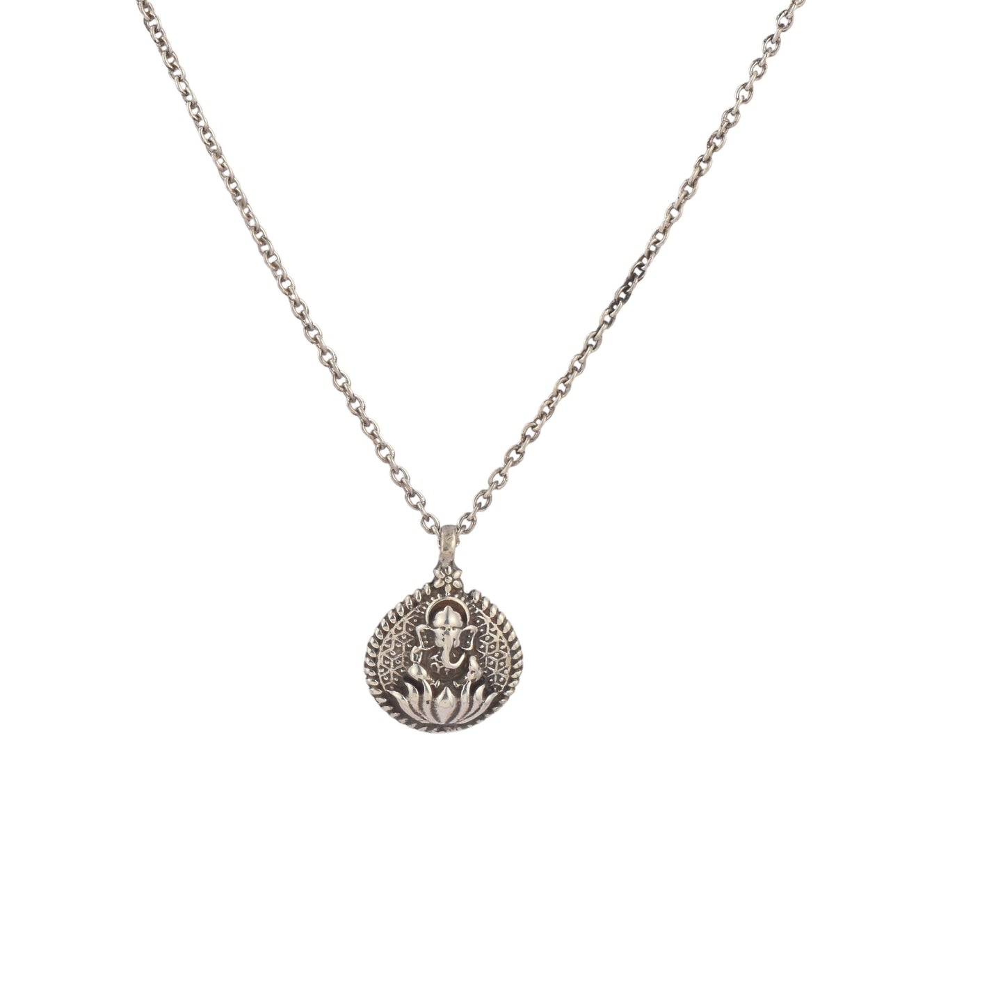Silver Kamal And Ganesha Pendant With Chain