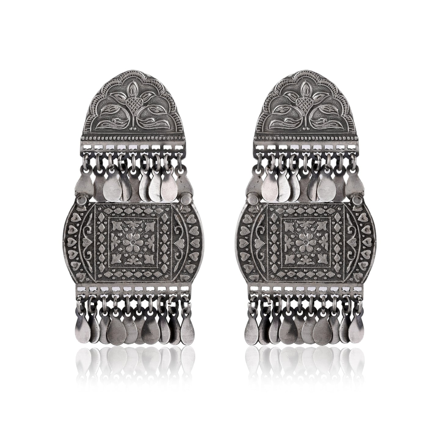 Floral Mandala Silver Jhumka Earrings